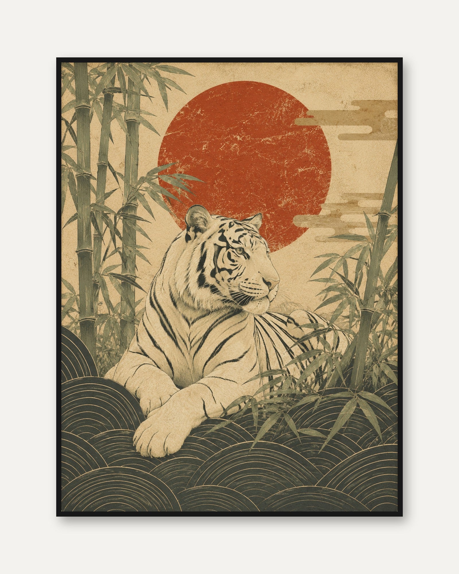 White Tiger Art Print: Japanese Vintage Style With Red Sun - framed