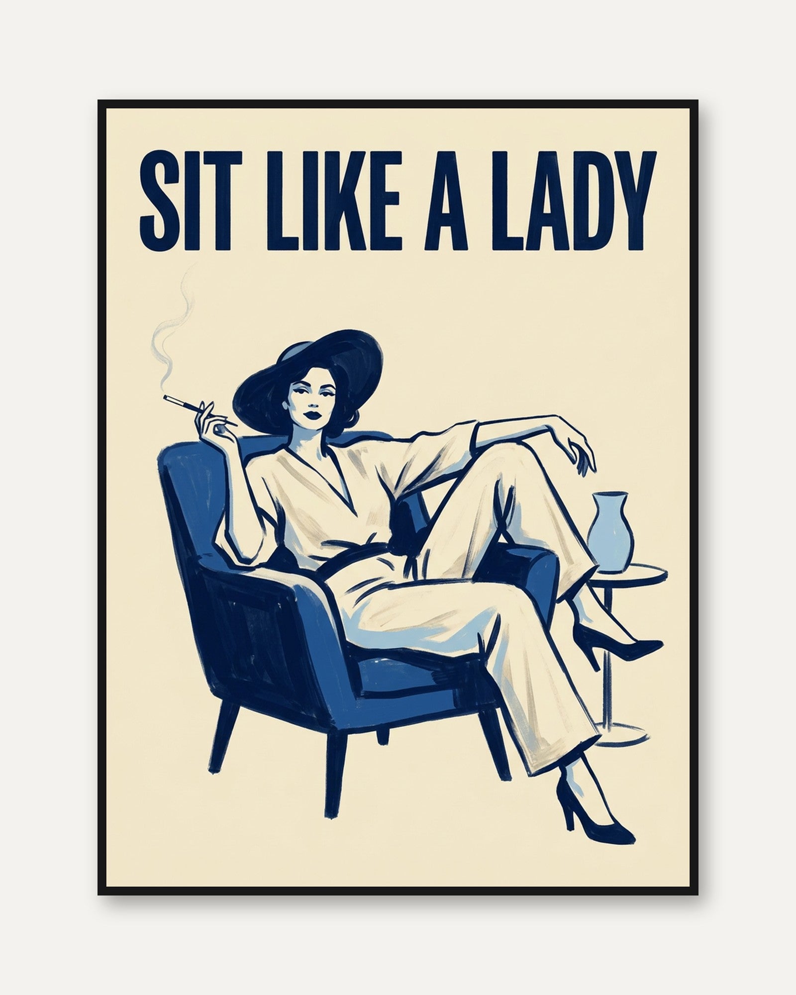 Sit Like A Lady Poster: Retro Blue Cream Lounge Art Print - framed