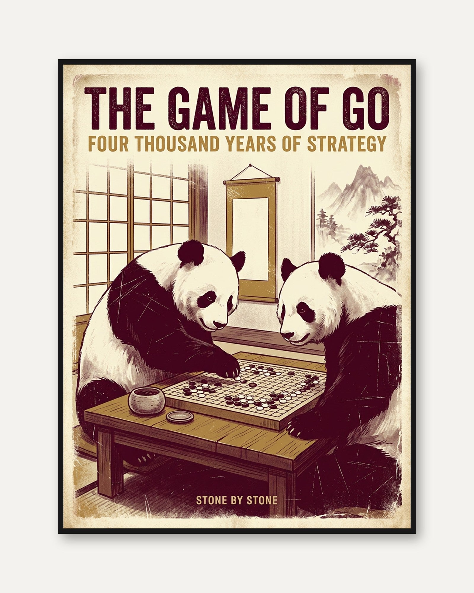 Pandas Playing Go Board Game Poster: Vintage Japanese Style Art - framed