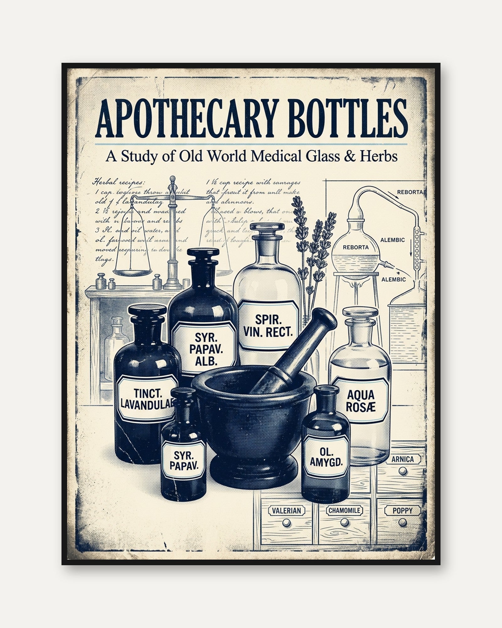 Apothecary Bottles Print: Vintage Medical Pharmacy Wall Art - framed