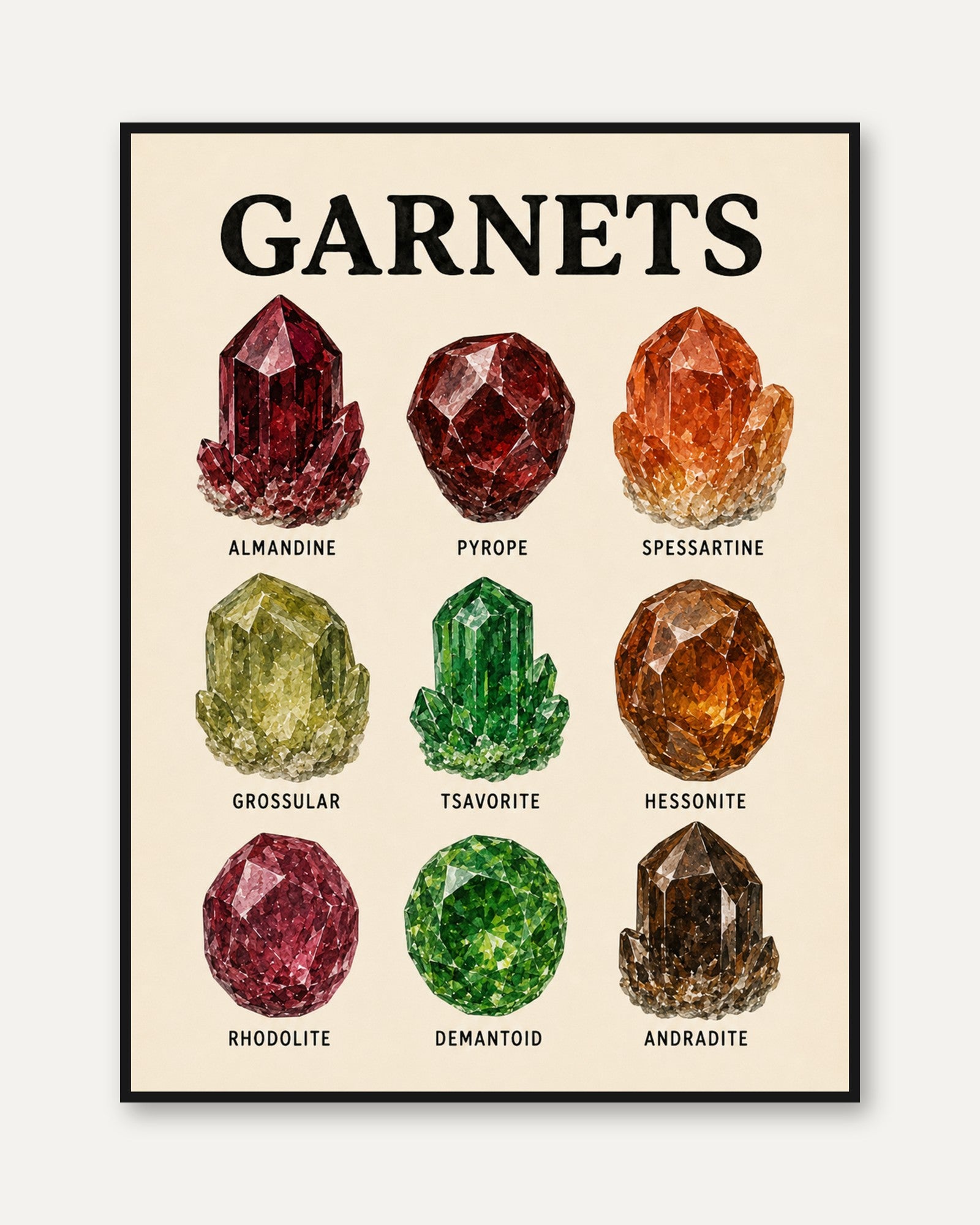 Garnet Types Chart: Vintage Mineralogy Art Print - framed