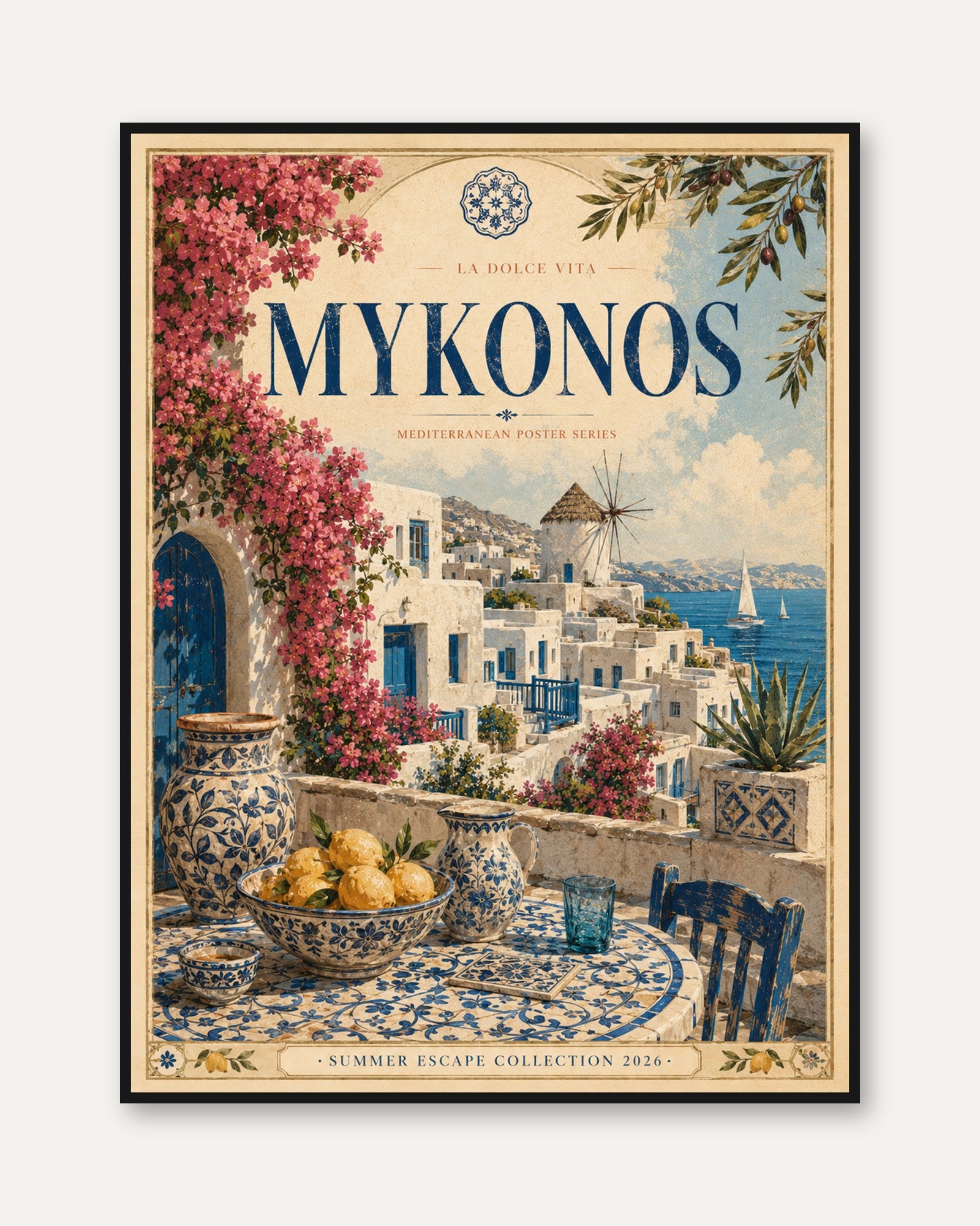 Mykonos Greek Island Travel Poster: Mediterranean Coastal Art - framed