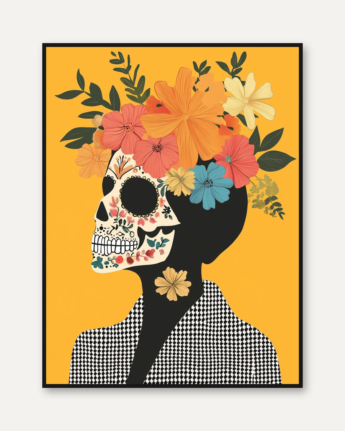 Sugar Skull Art Print: Day of the Dead Floral Design (Unframed) - framed