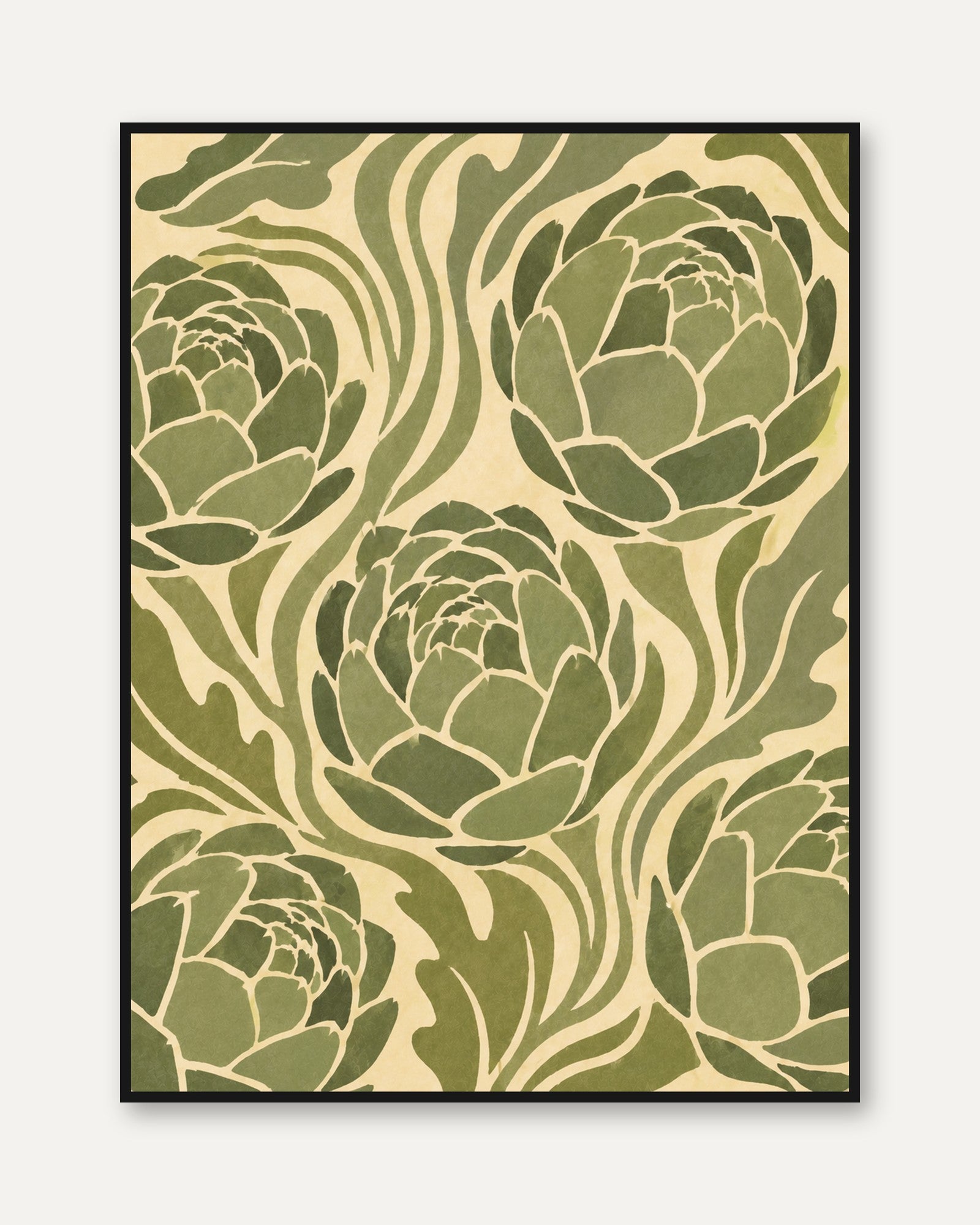 Art Nouveau Lotus Flowers: Green Botanical Poster - framed