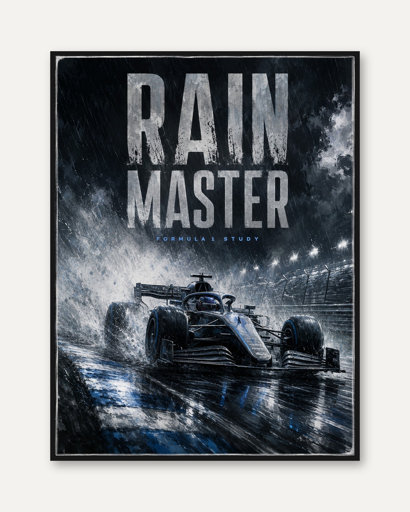 Formula 1 Rain Racing Poster: Dark Blue Motorsport Wall Art - framed