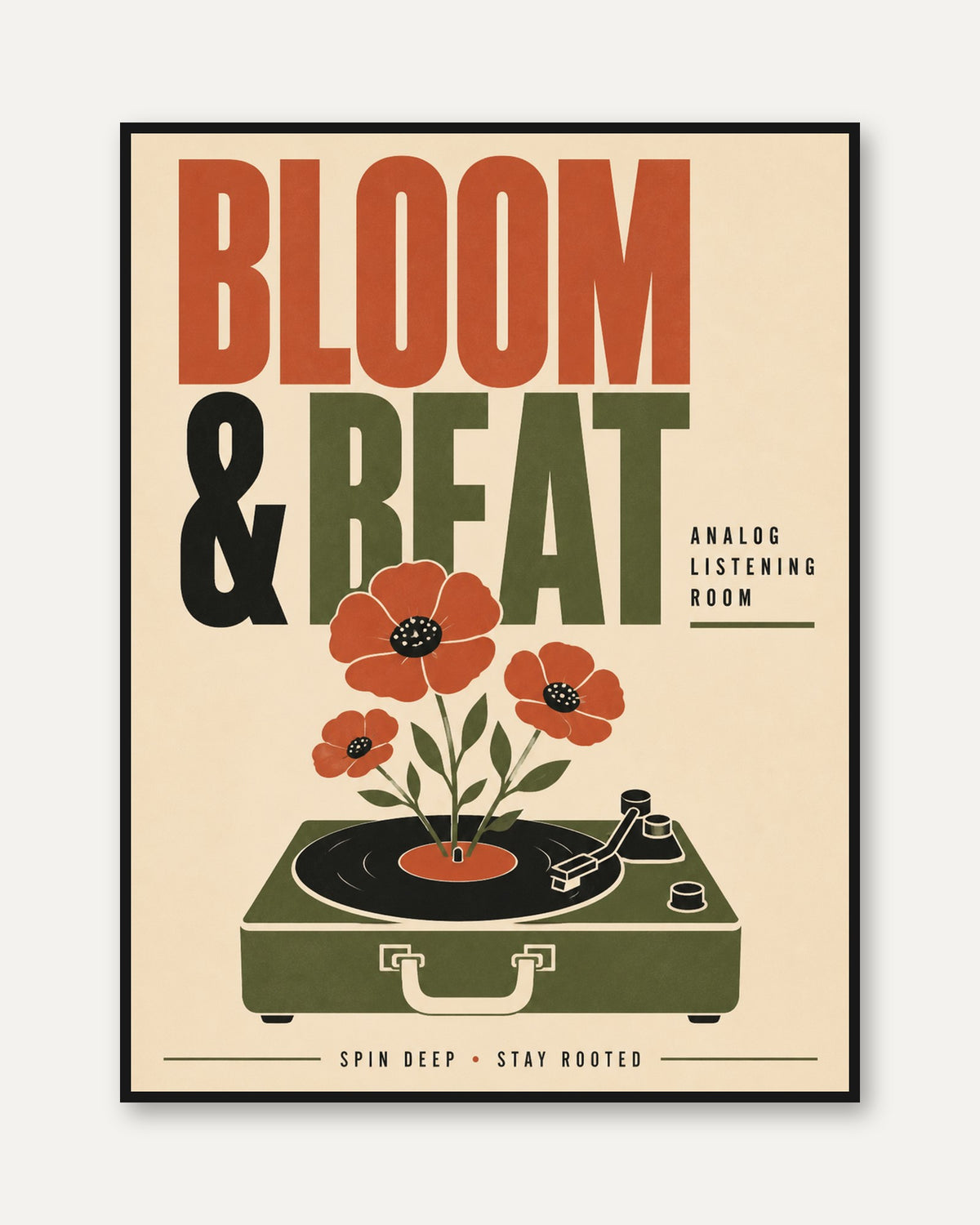 Bloom and Beat Art Print: Retro Turntable with Poppies Poster - framed