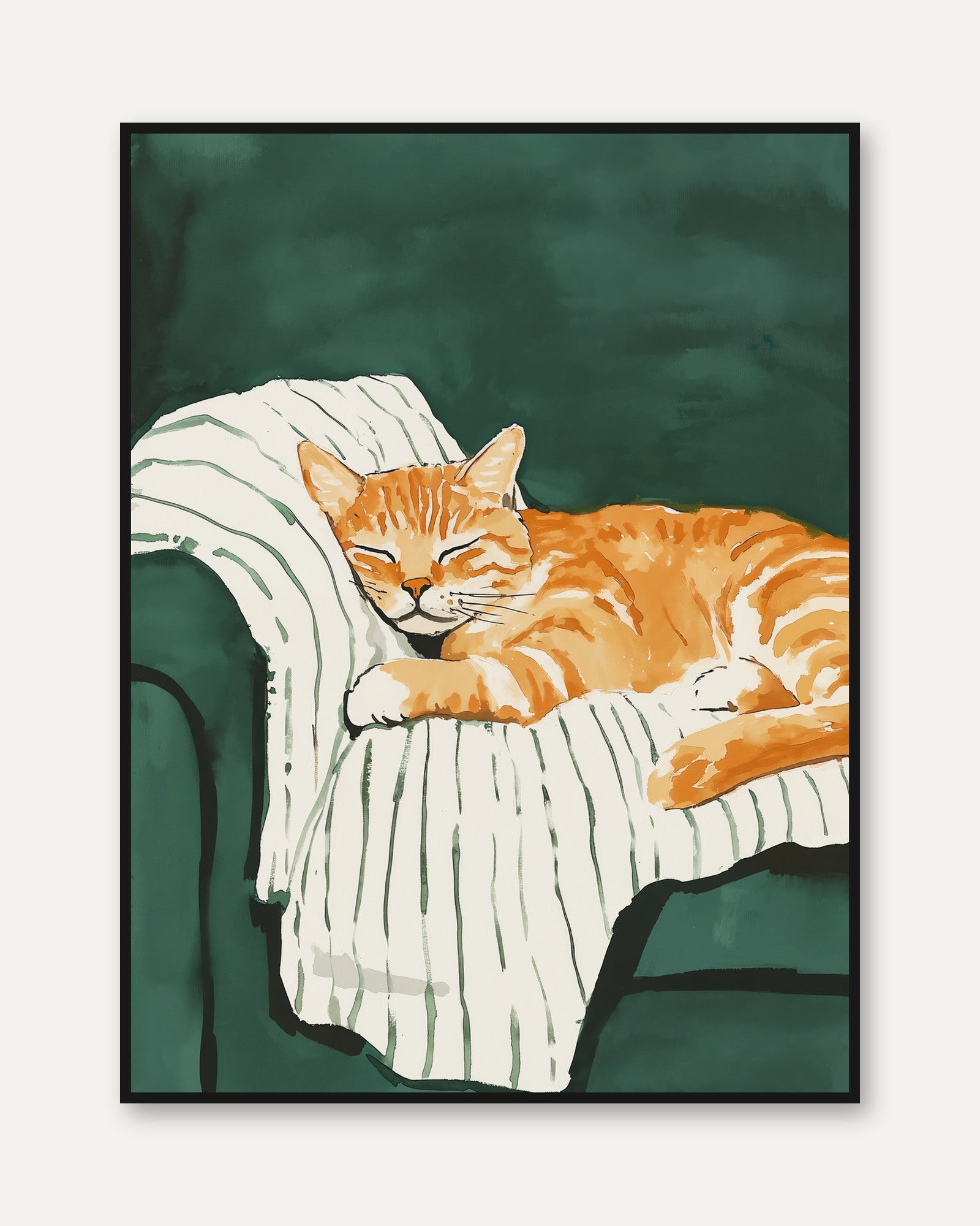 Sleeping Tabby Cat Wall Art – Green Armchair - framed