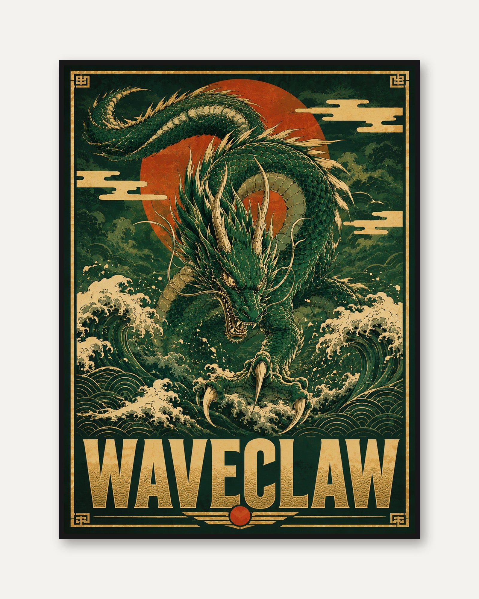 Japanese Dragon Art Print: Vintage Wave and Red Sun Design - framed