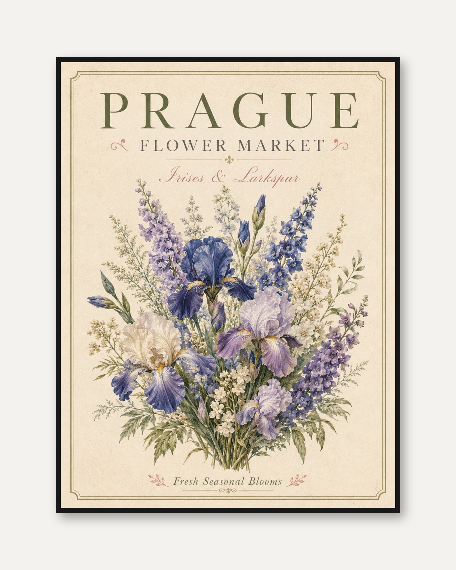 Prague Flower Market Print — Vintage Botanical Iris & Larkspur - framed