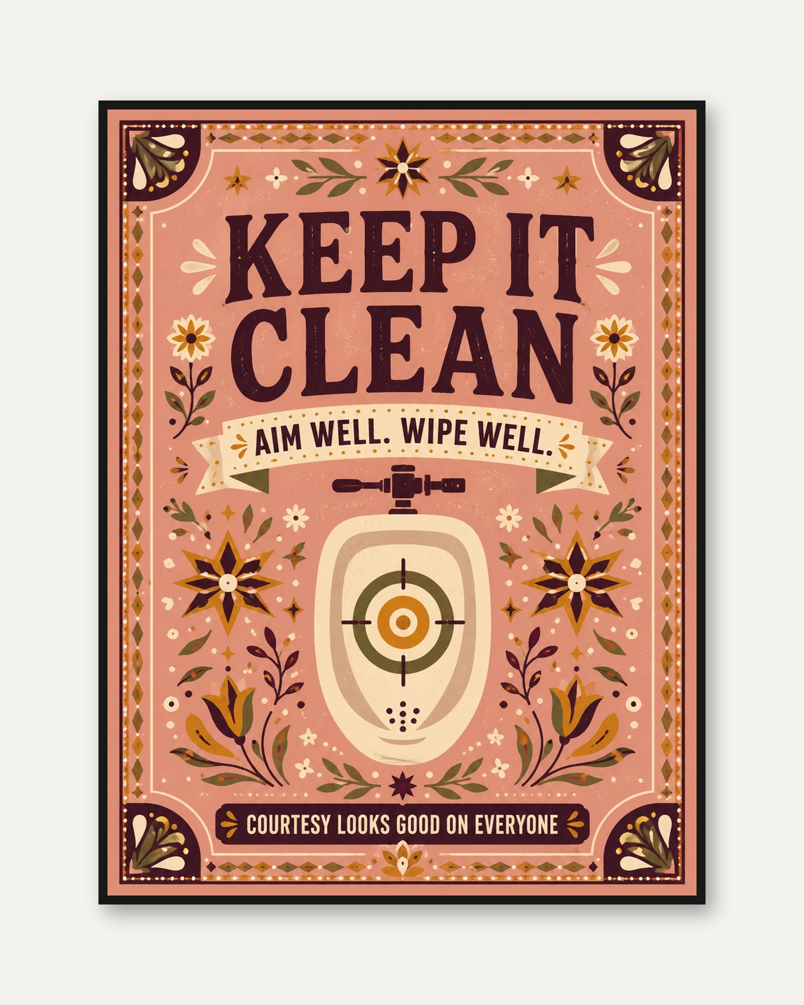 Folk Art Bathroom Print – Keep It Clean Sign - framed