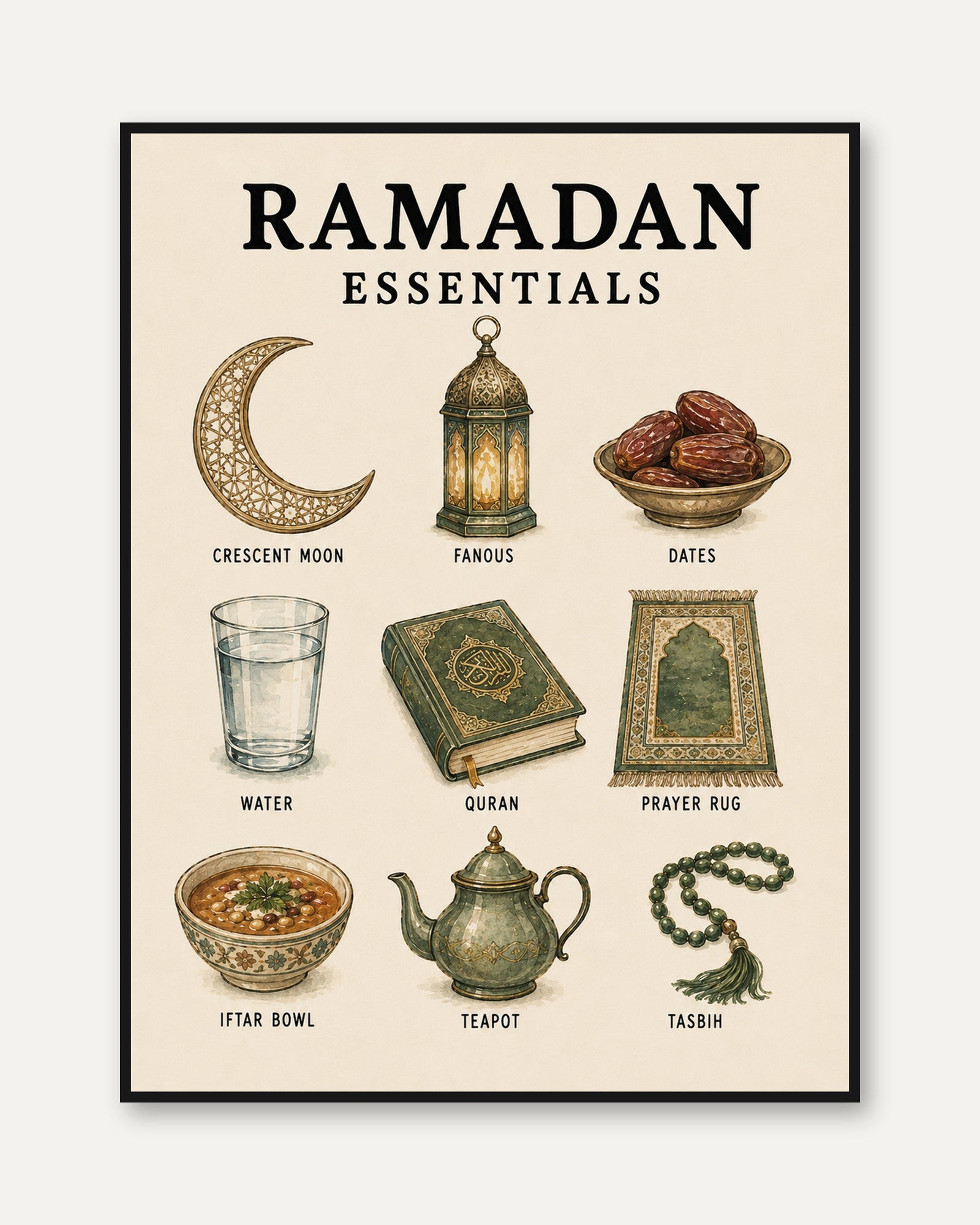 Ramadan Essentials Print: Islamic Wall Art with Vintage Style - framed