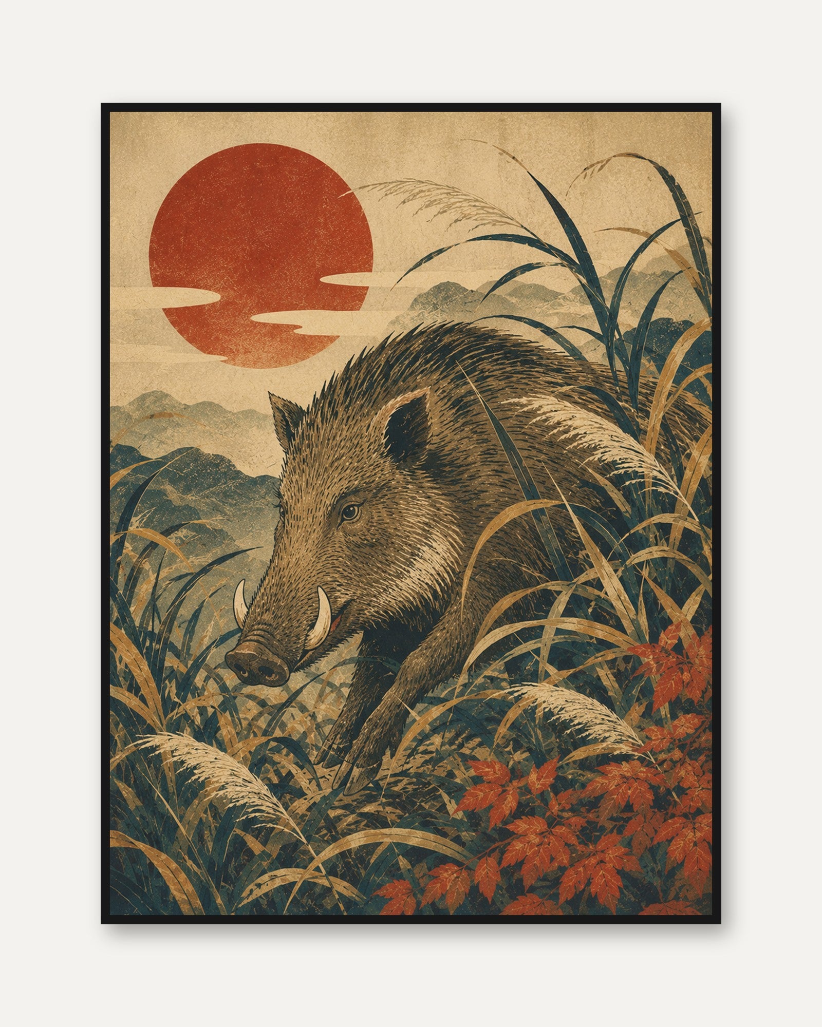 Wild Boar Wall Art: Japanese Vintage Illustration - framed