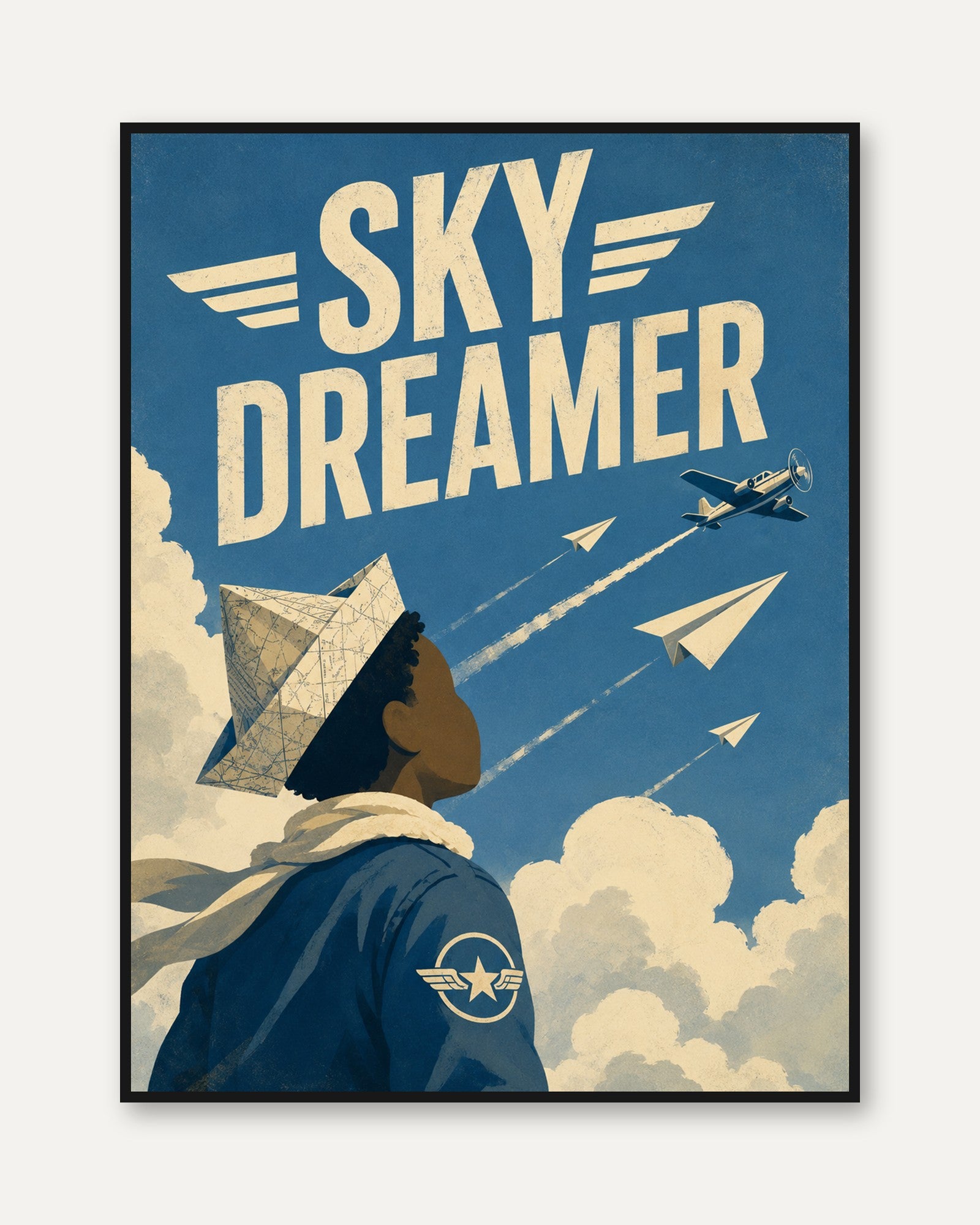 Sky Dreamer Aviation Poster: Retro Art Deco Blue Flight Design - framed