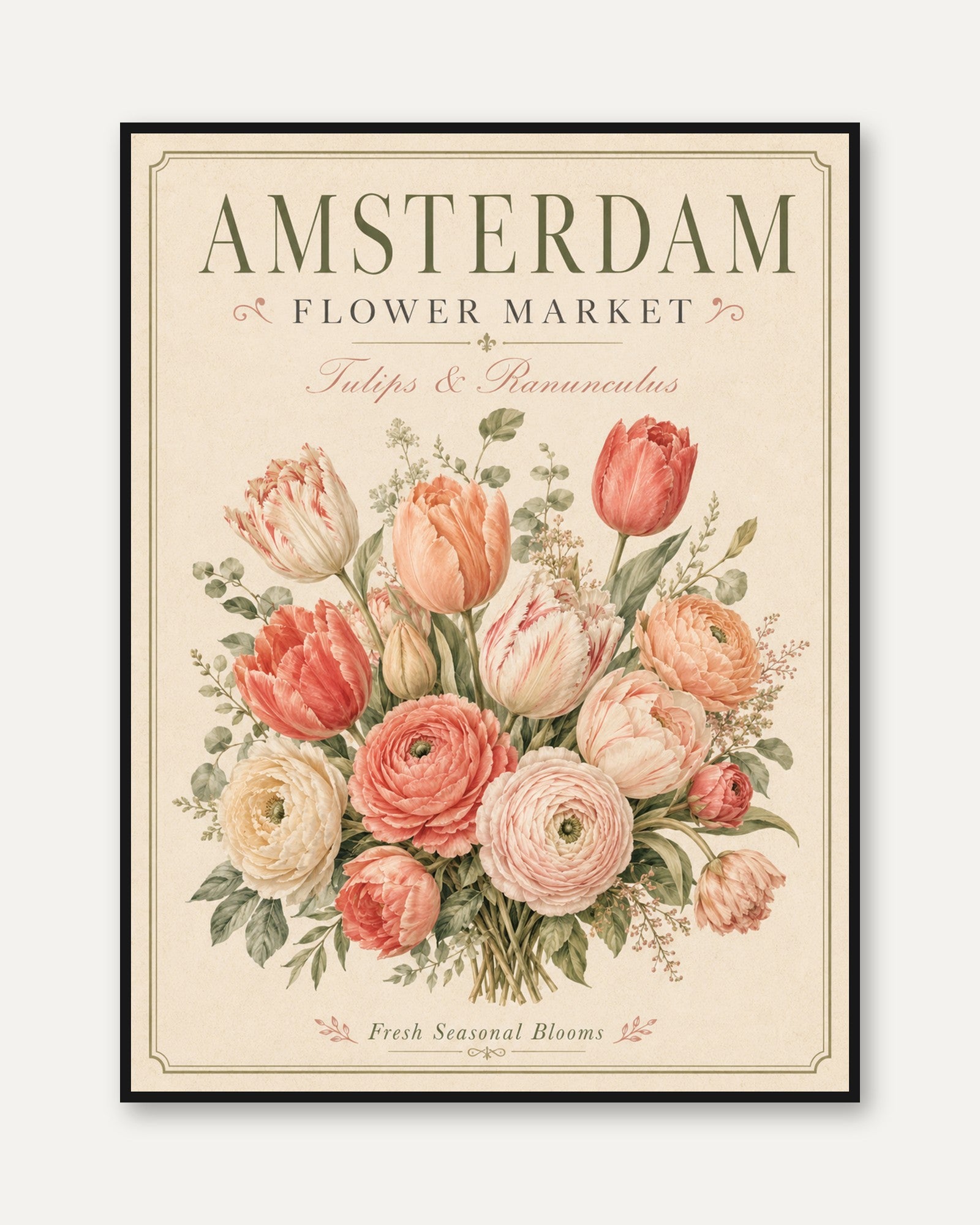 Amsterdam Flower Market Print — Vintage Botanical Tulips & Ranunculus - framed