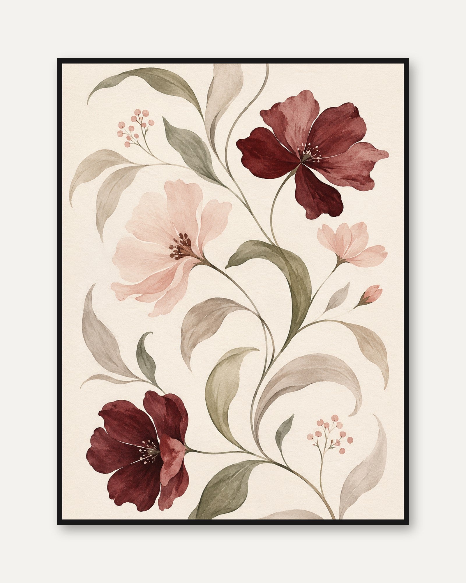 Burgundy and Blush Floral Art Print: Watercolor Botanical Design - framed