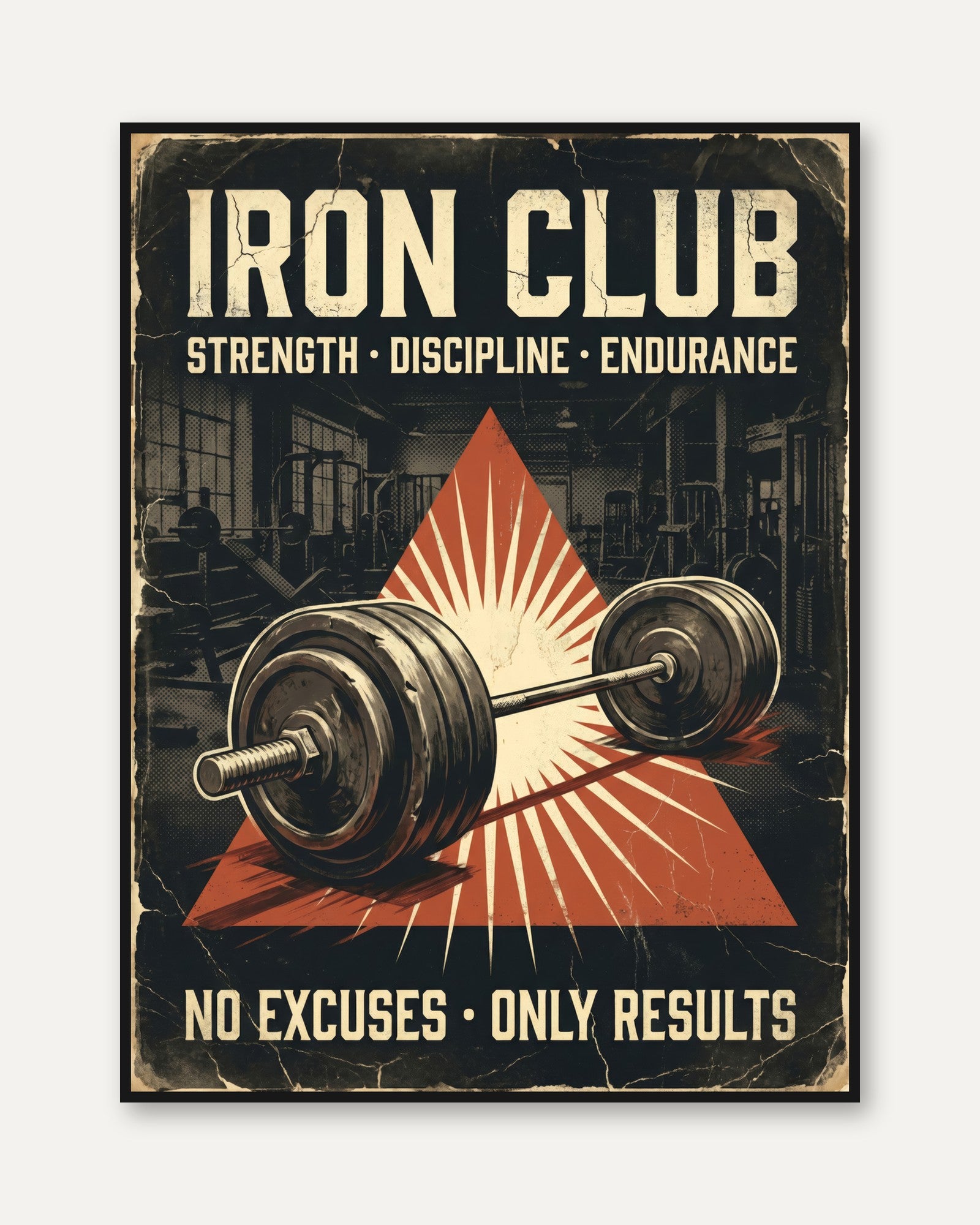 Vintage Gym Poster Print — Retro Iron Club Barbell - framed