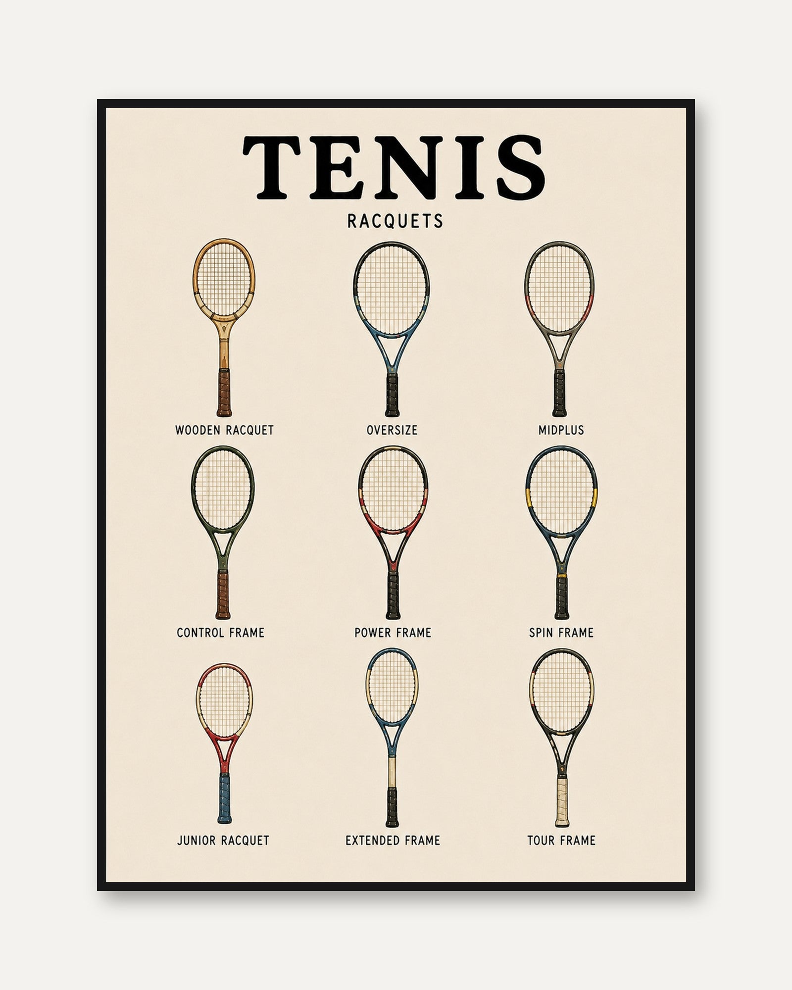 Tennis Racquets Chart Print — Vintage Sports Illustration - framed
