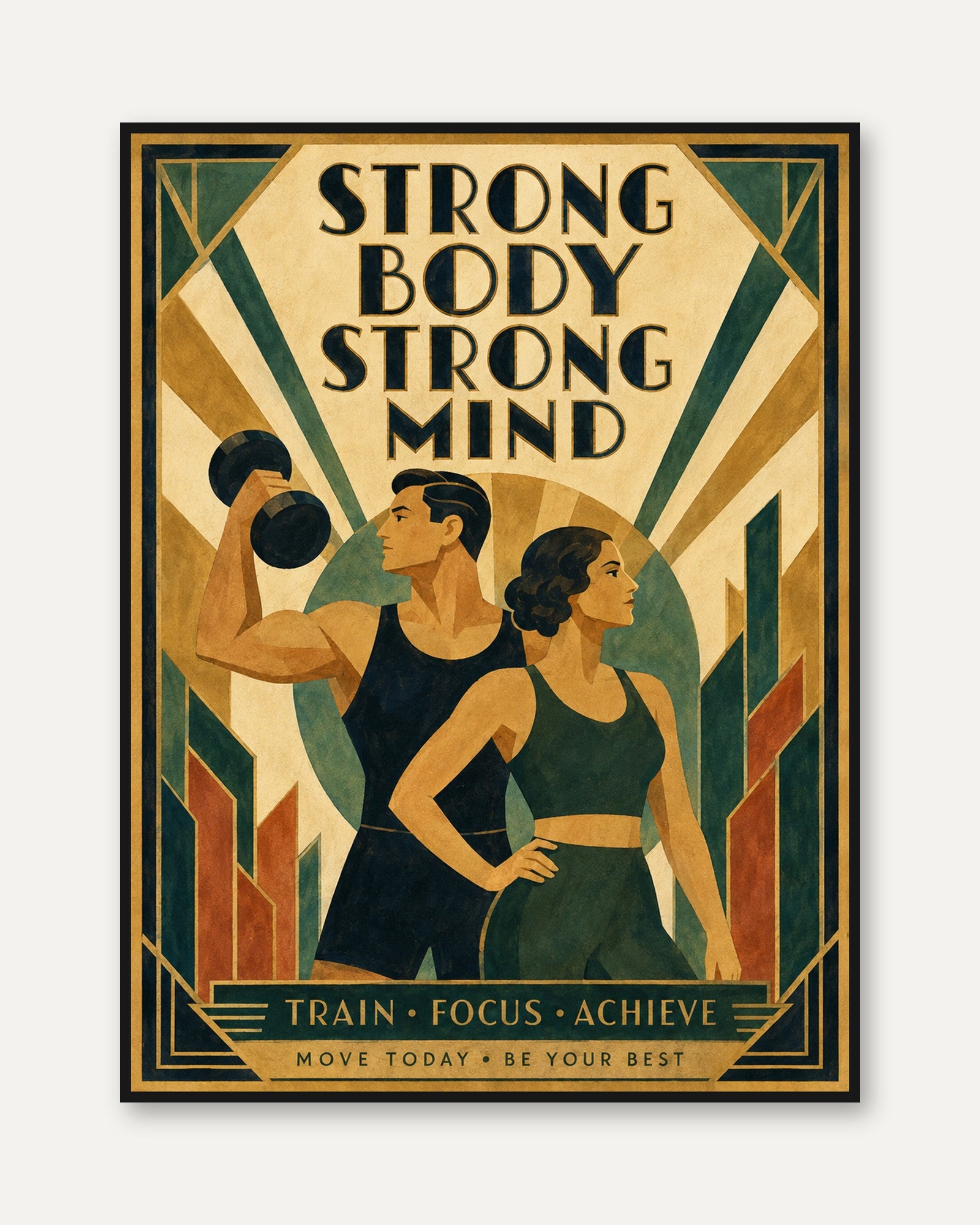 Art Deco Gym Poster – Motivational Fitness Print - framed