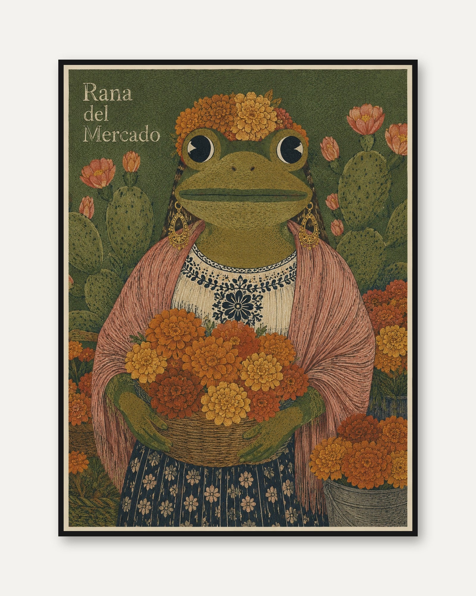 Folk Art Frog Print – Mexican Botanical Wall Art - framed