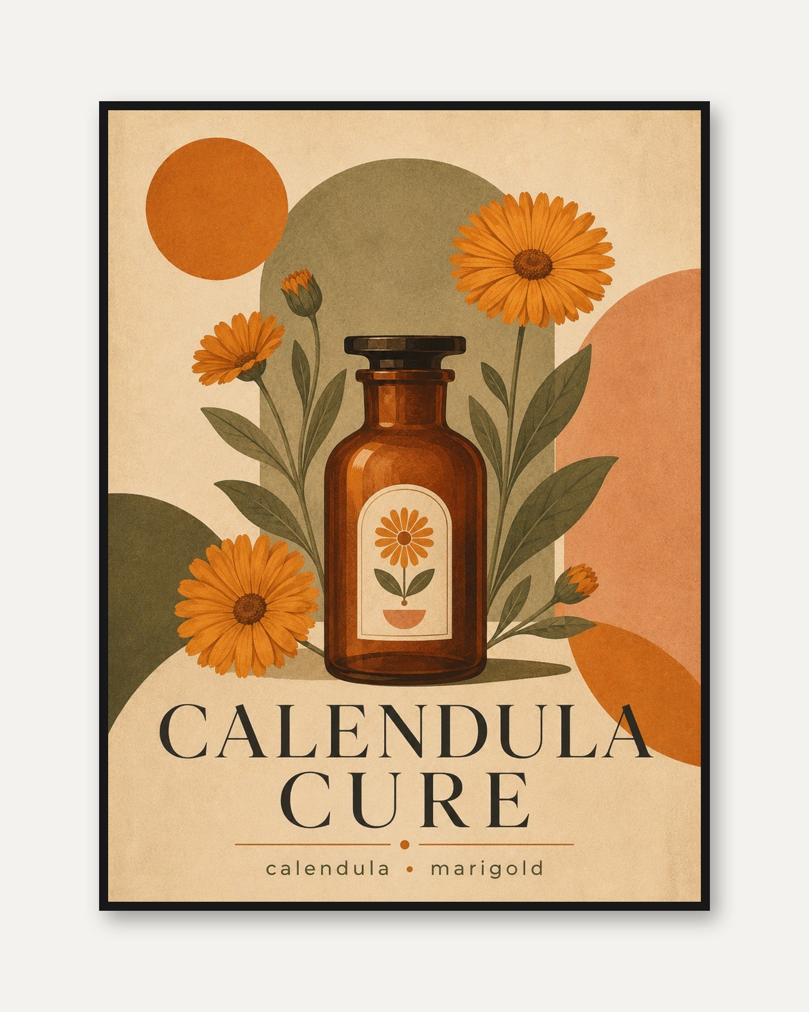 Calendula Apothecary Bottle Art Print: Vintage Botanical Poster - framed