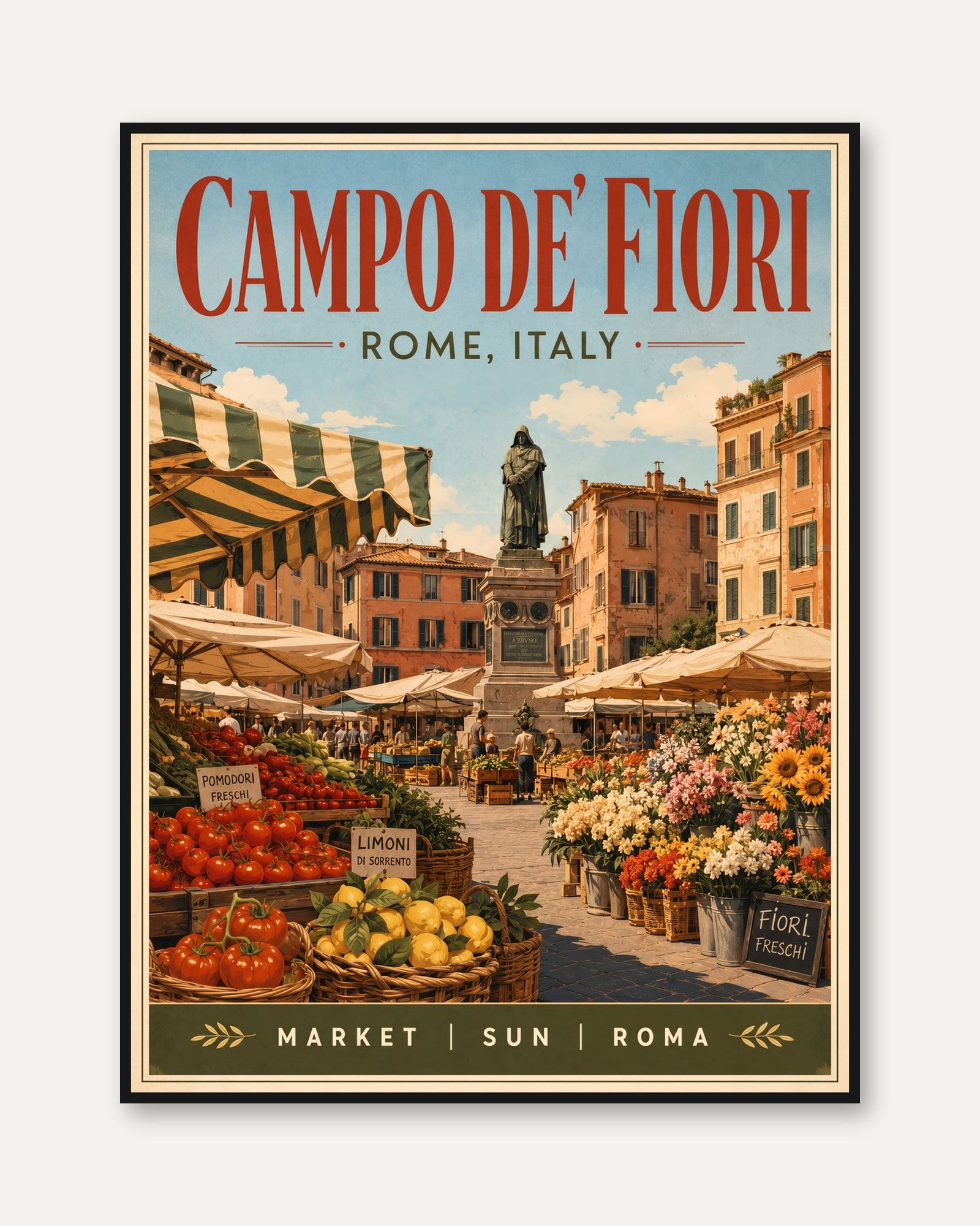Campo de' Fiori Rome Poster — Vintage Italian Market Travel Print - framed