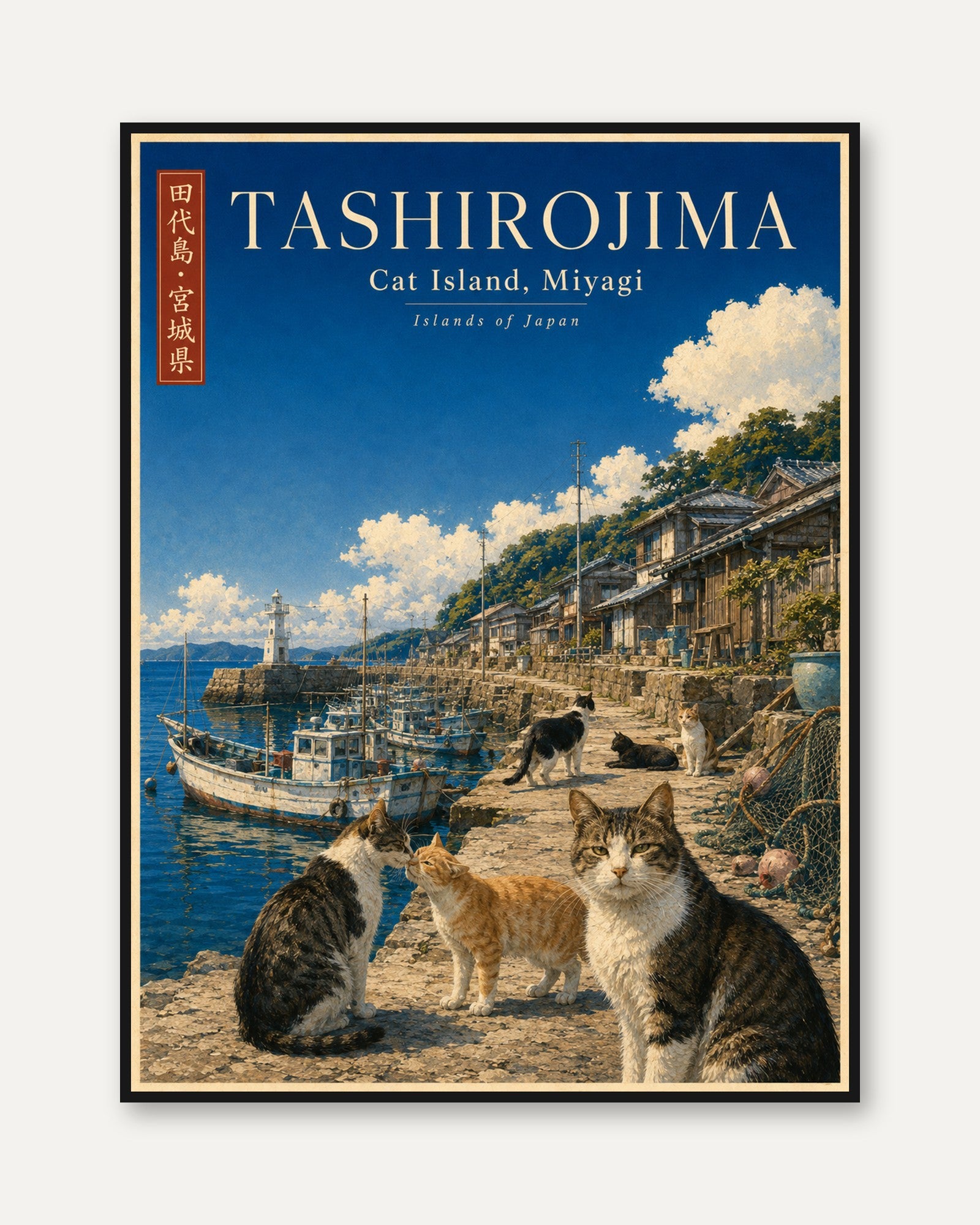 Japanese Cat Island Print: Tashirojima Vintage Travel Poster - framed