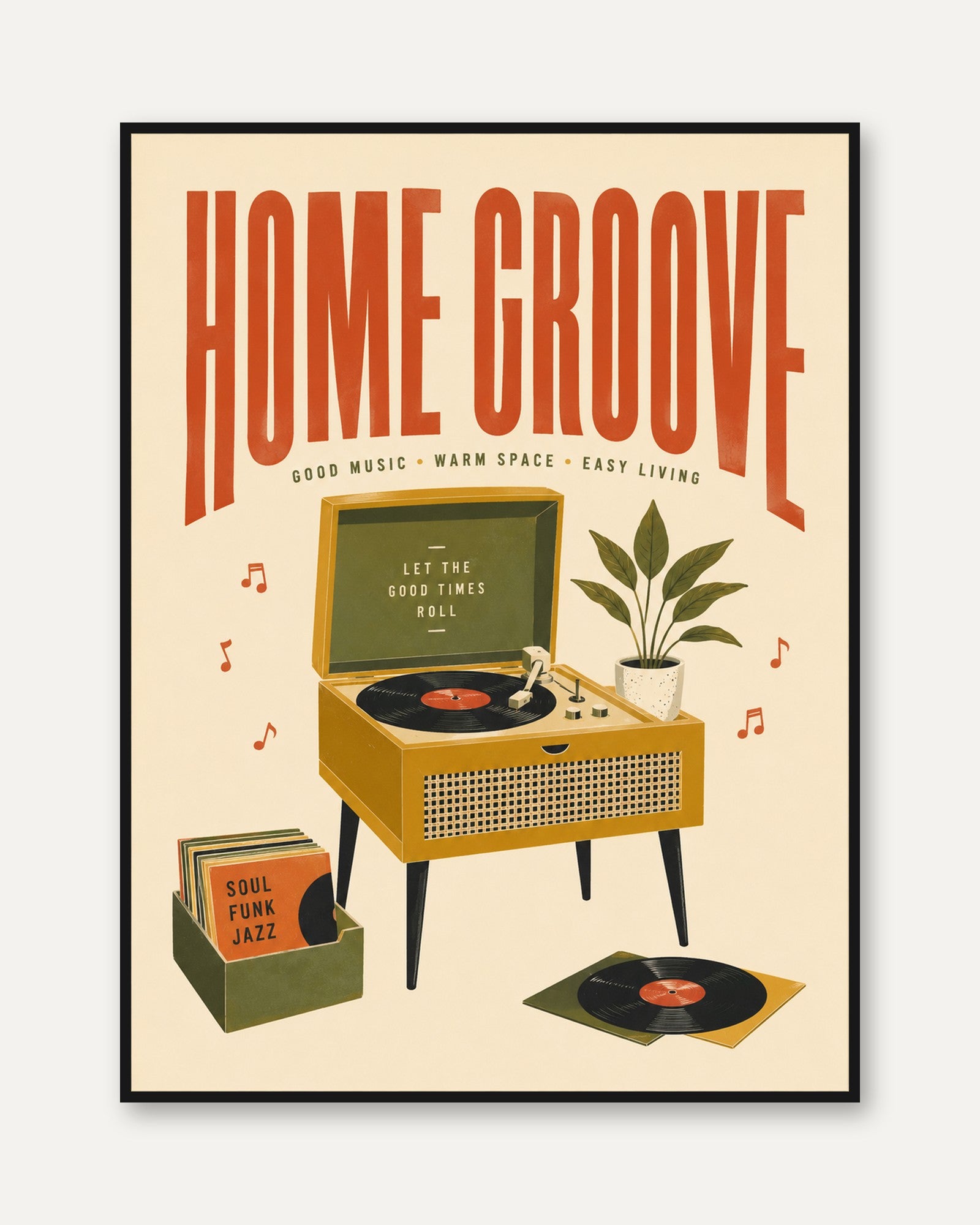 Home Groove Retro Record Player Print: Mid-Century Music Art - framed