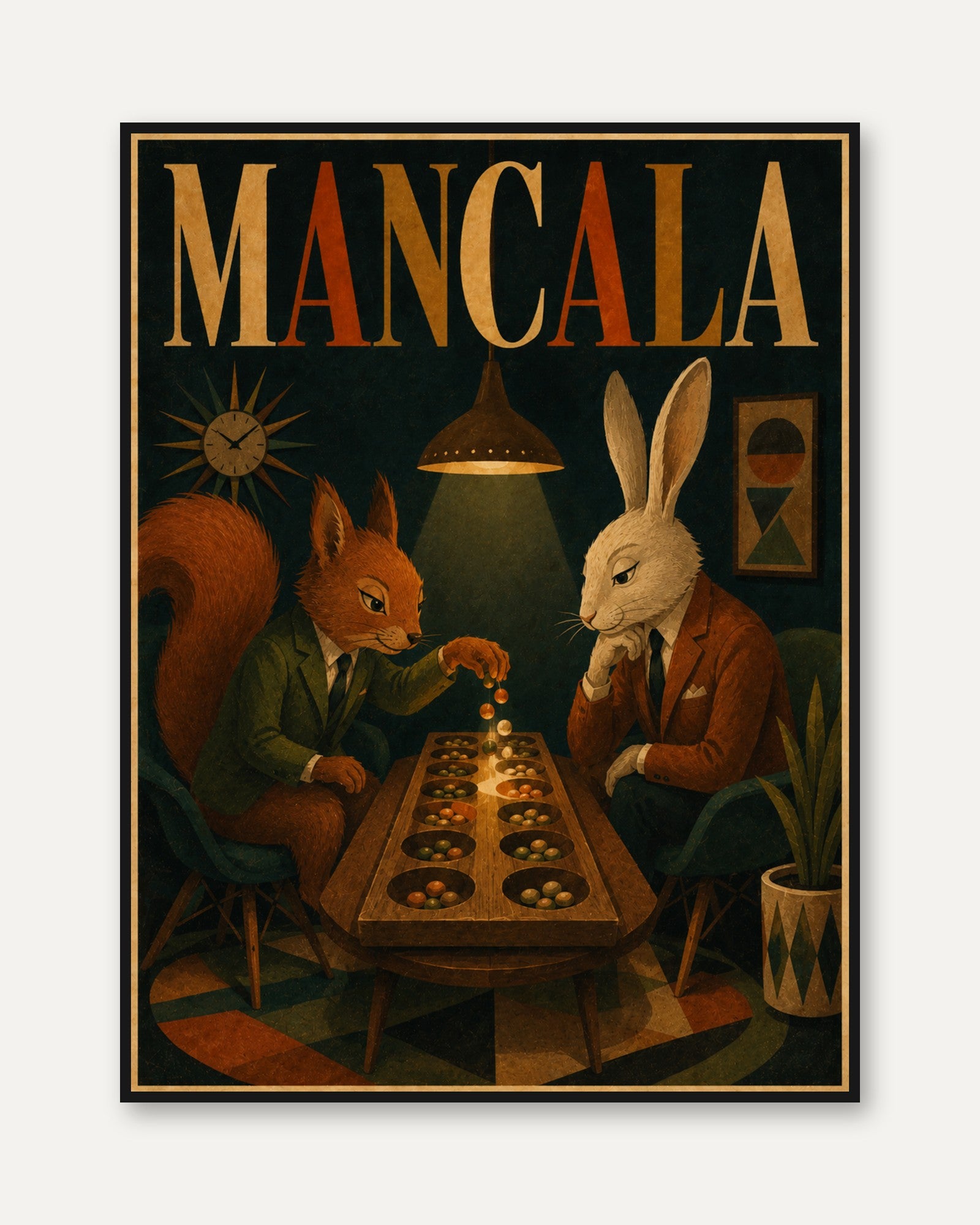 Mancala Game Print: Vintage Anthropomorphic Animals Wall Art - framed