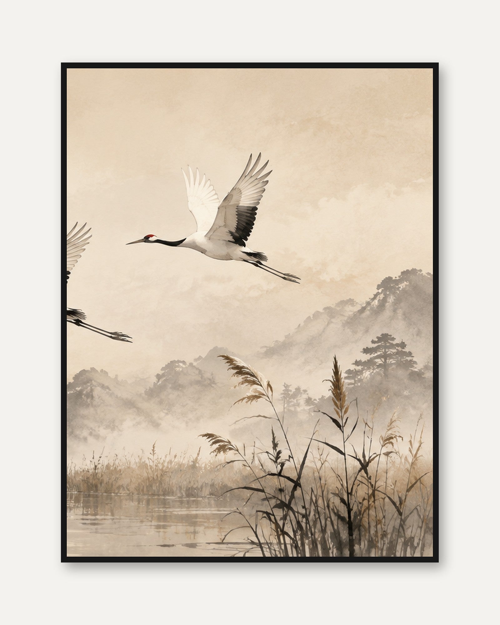 Japanese Crane Flight Art Print: Misty Landscape Watercolor - framed