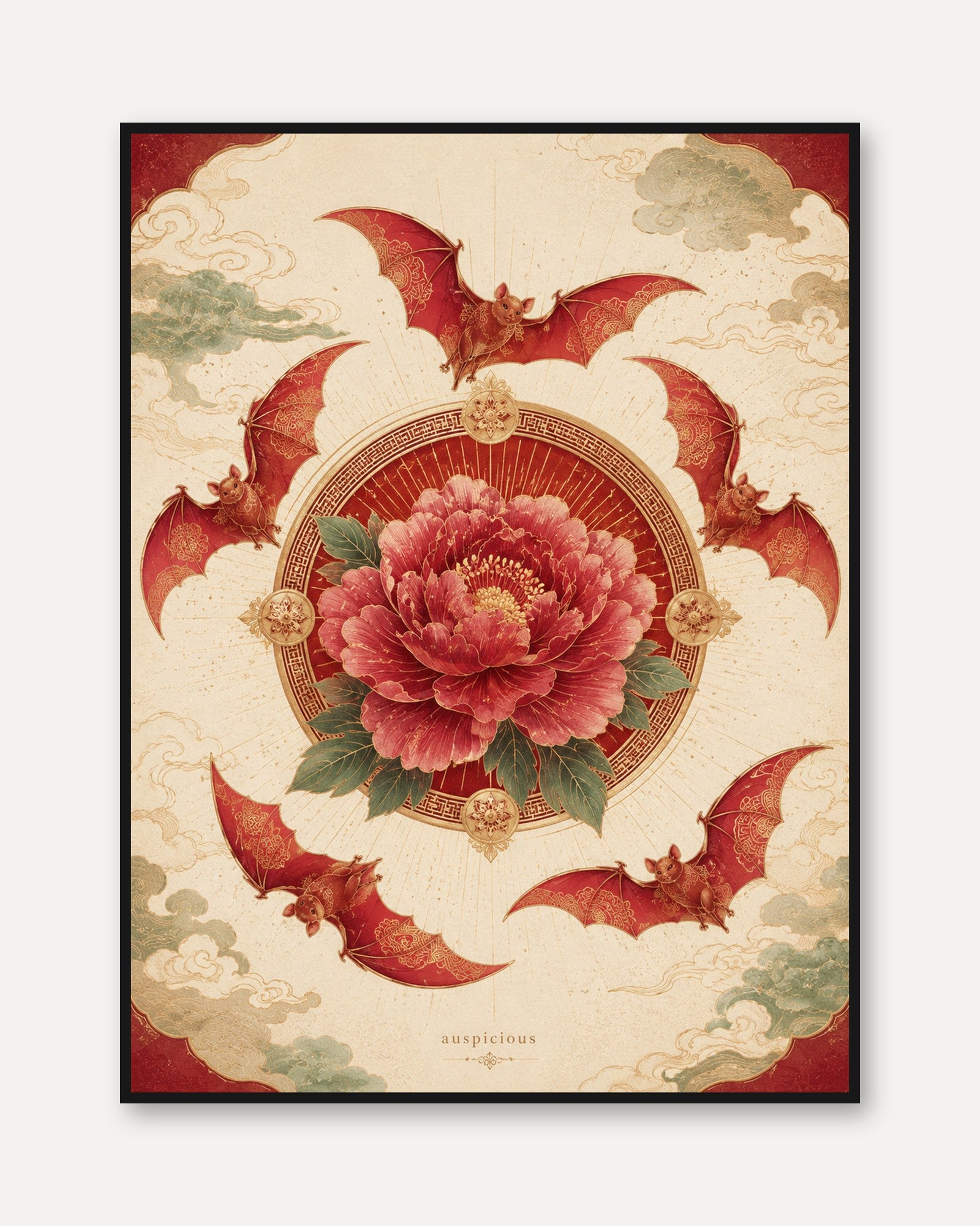 Chinese Peony Wall Art – Oriental Floral Print - framed
