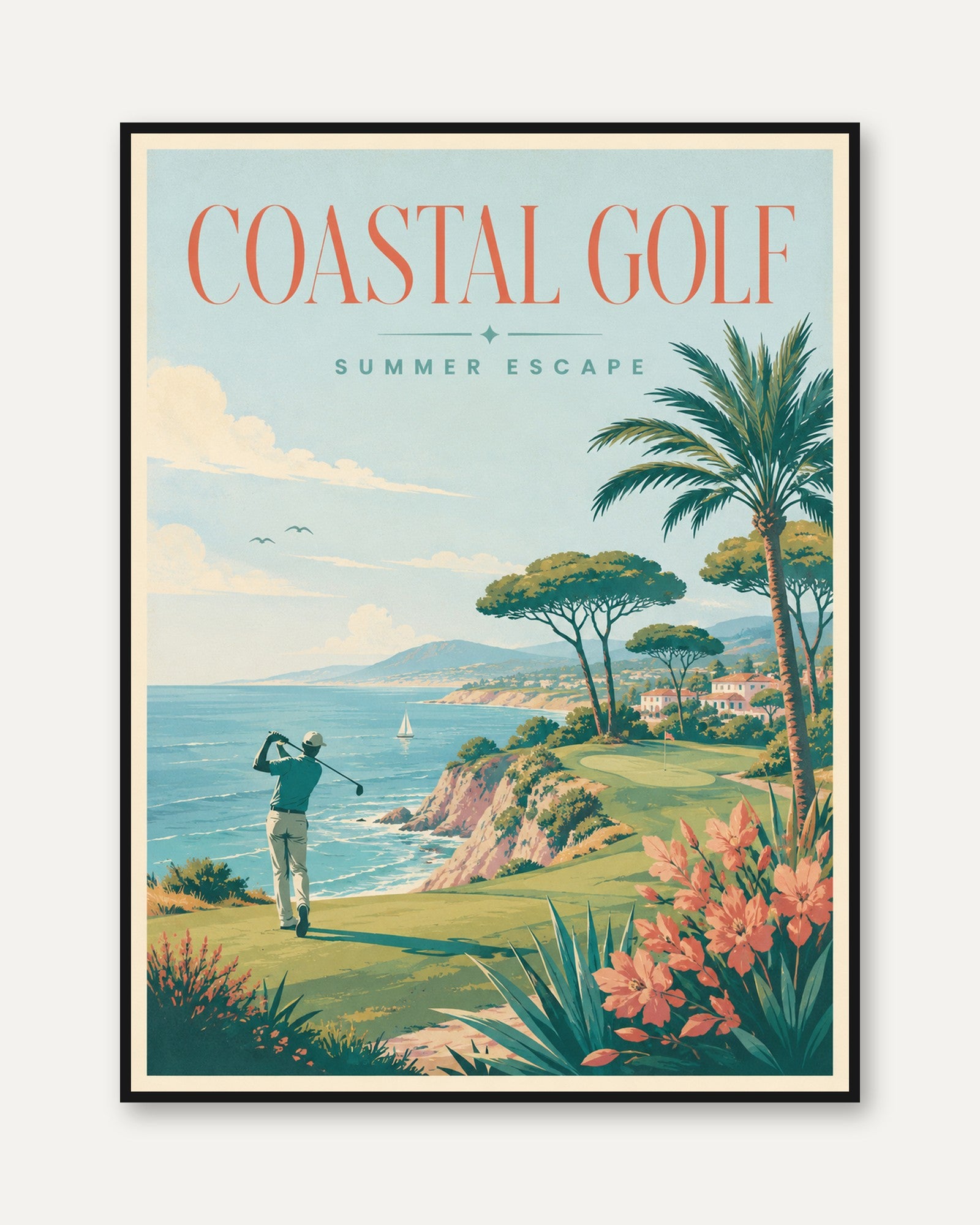 Vintage Golf Travel Poster: Coastal Mid-Century Summer Wall Art - framed