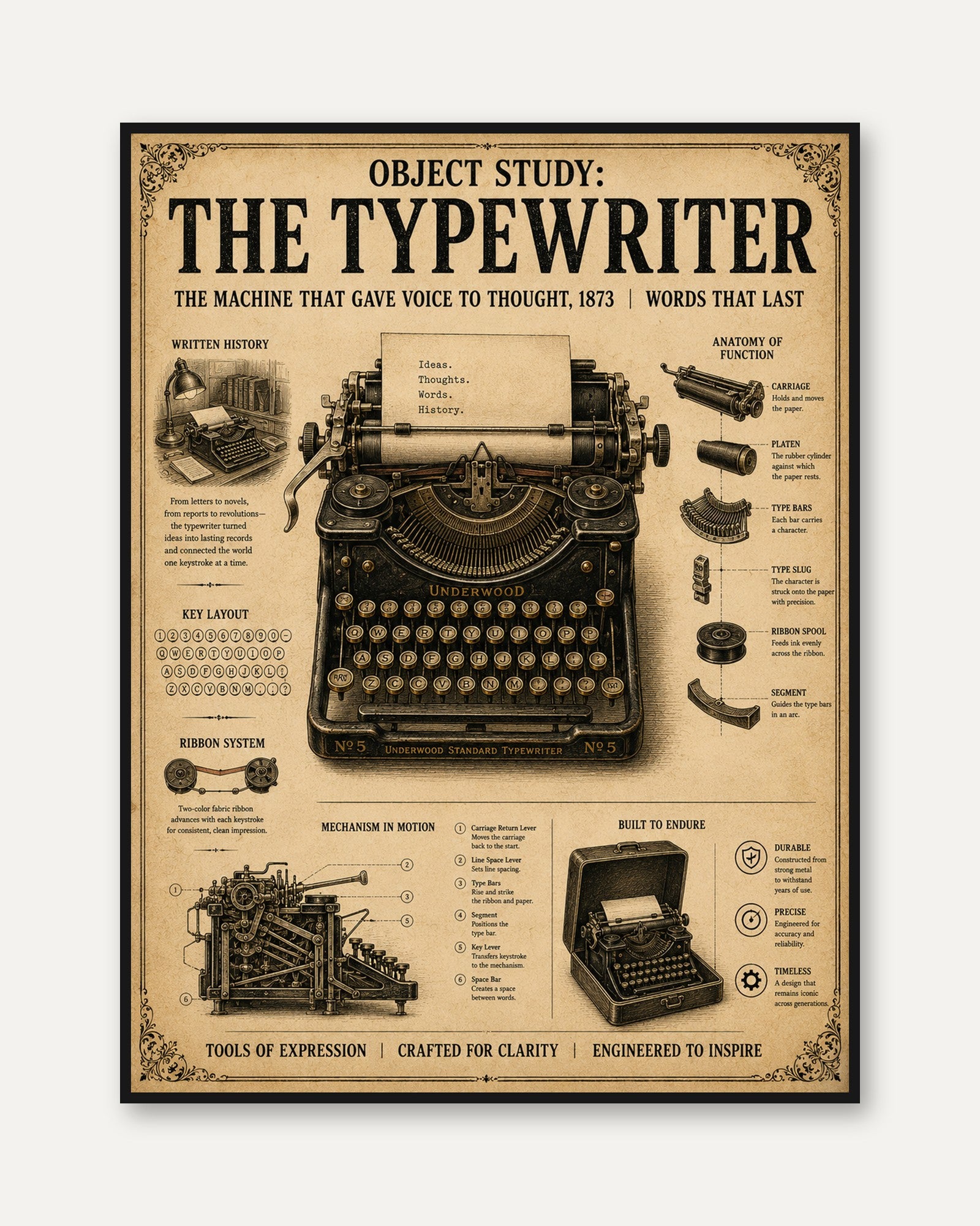 Vintage Typewriter Blueprint Poster: Victorian Technical Diagram - framed