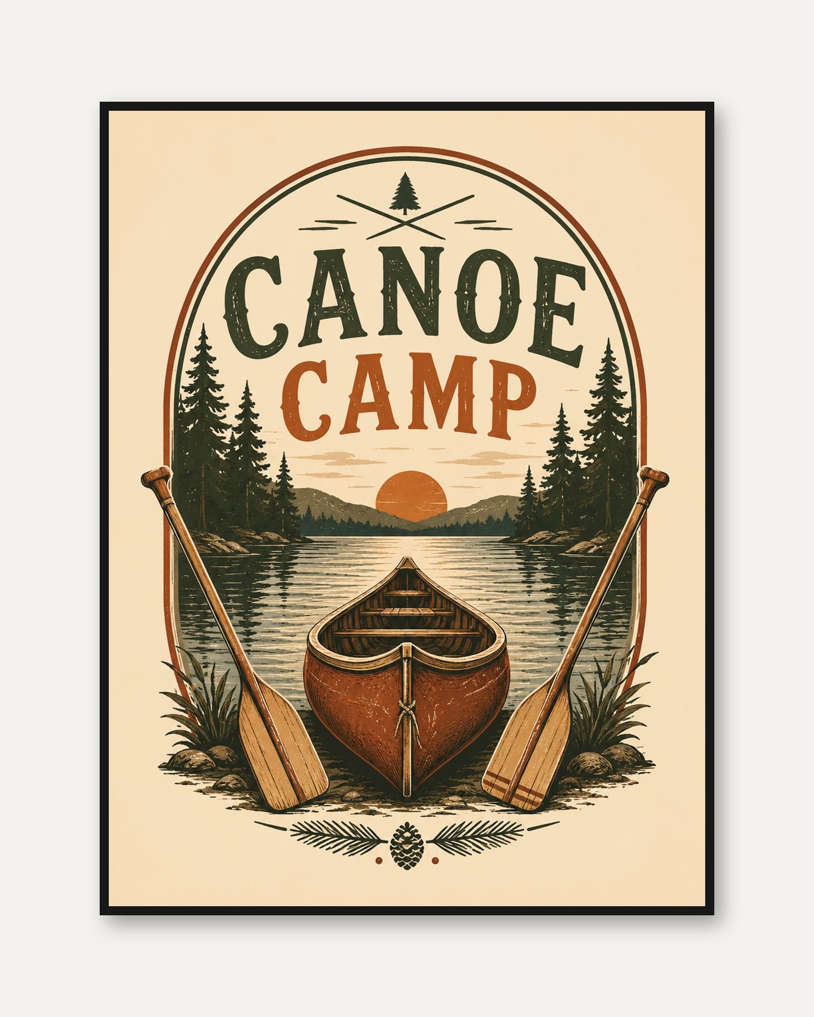 Canoe Camp Wall Art – Vintage Lake Print - framed