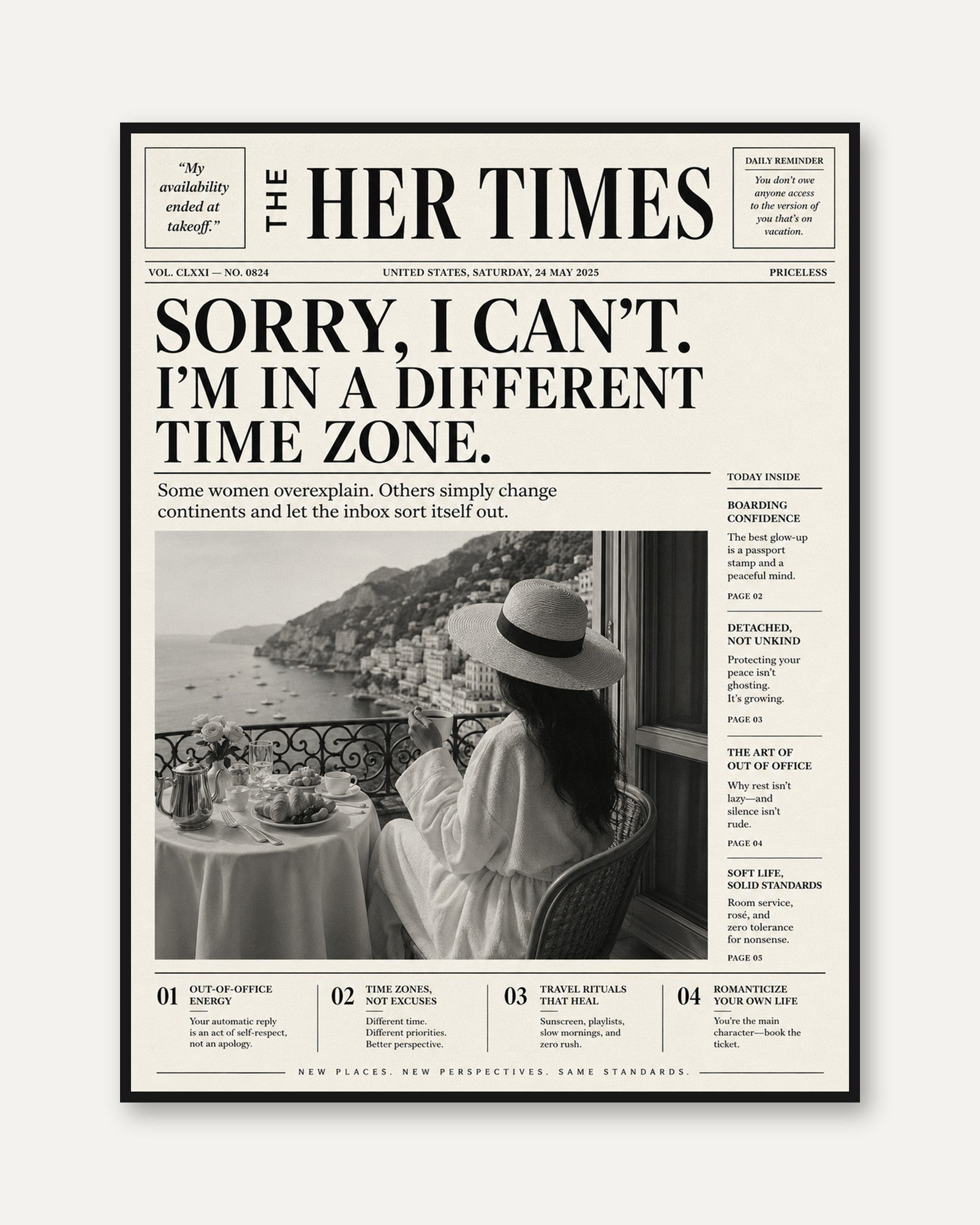 Her Times Newspaper Print: Vintage Coastal Vacation Wall Art - framed