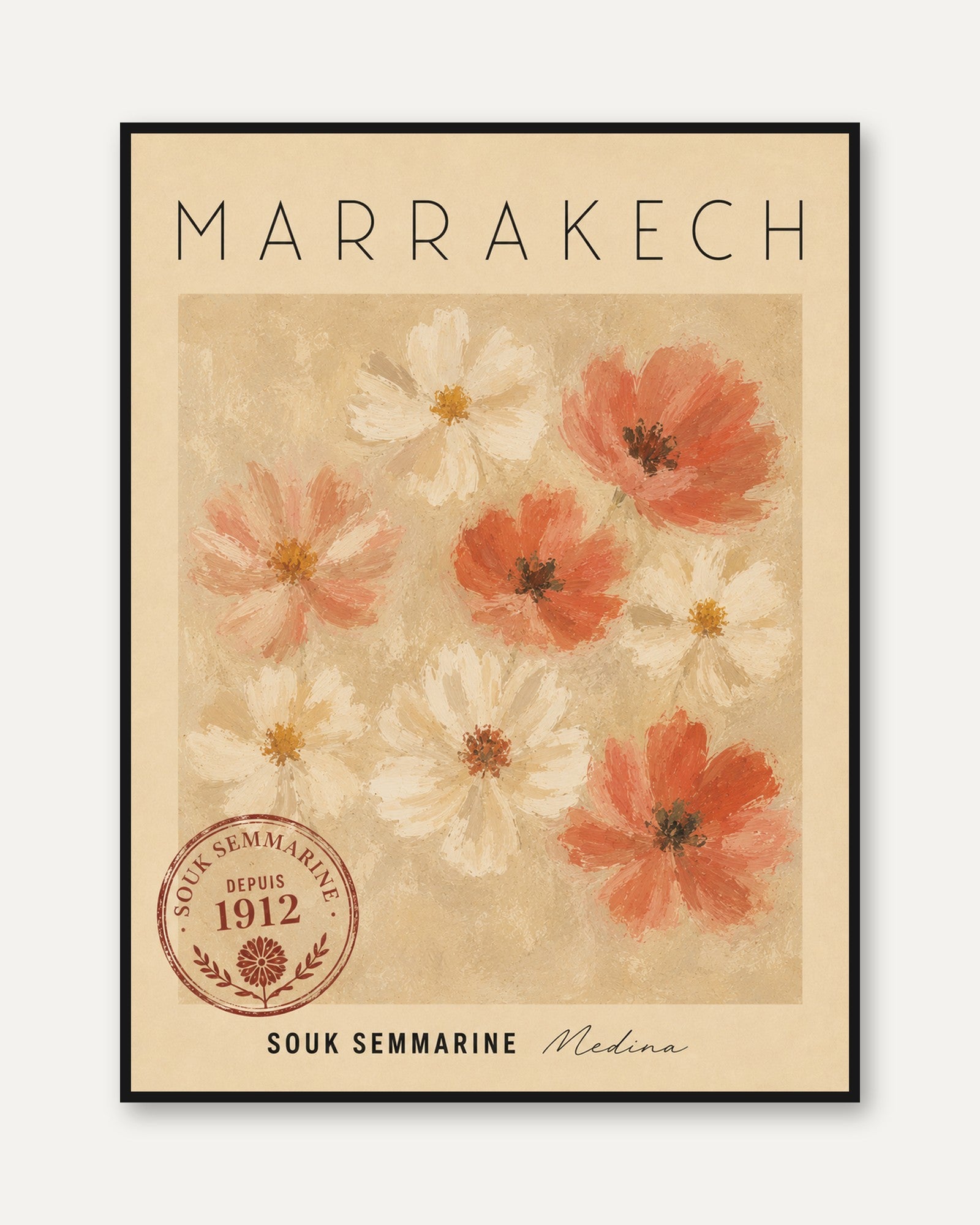 Marrakech Travel Poster – Vintage Floral Print - framed