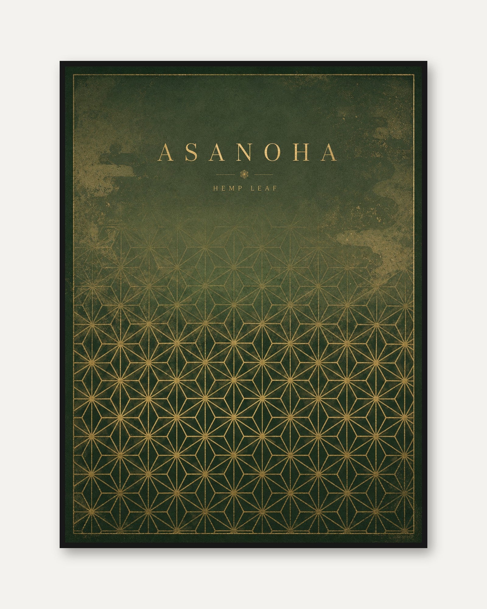 Japanese Hemp Leaf Print: Asanoha Pattern in Green and Gold - framed