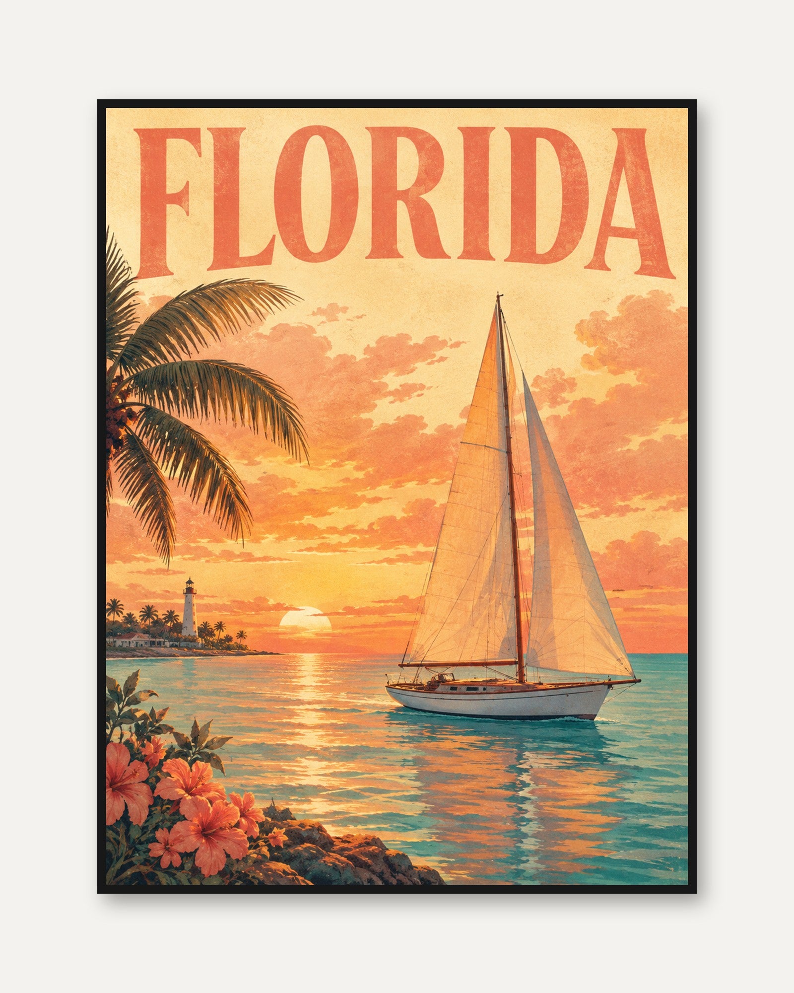 Florida Sunset Sailboat Poster: Vintage Travel Art Print - framed