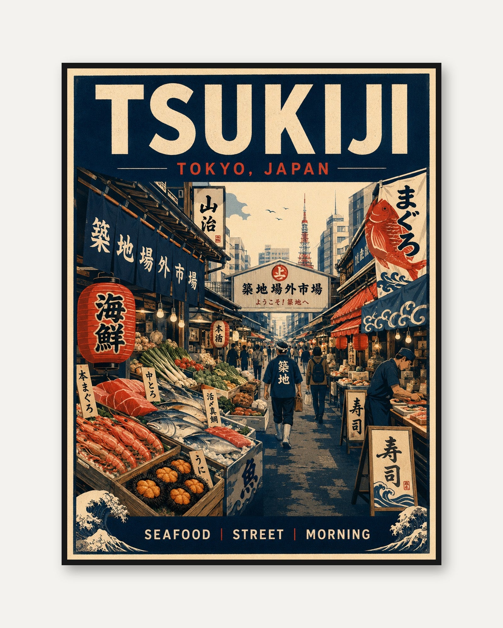 Tsukiji Tokyo Travel Poster — Vintage Japanese Fish Market Print - framed