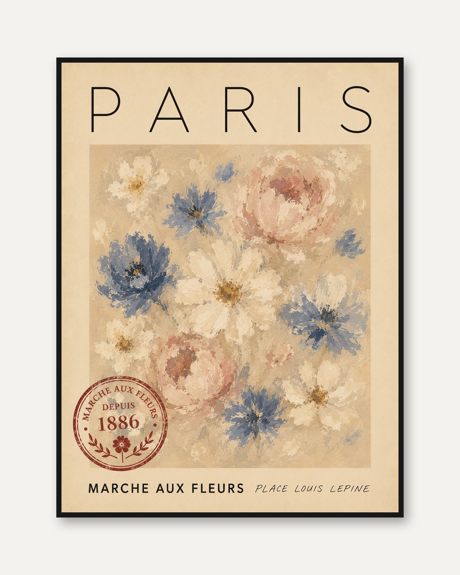 Paris Travel Poster – Vintage Floral Market Print - framed