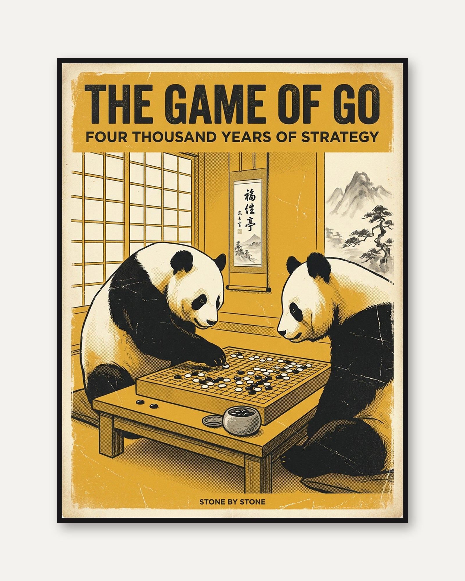 Pandas Playing Go Game Poster: Vintage Japanese Style Art Print - framed