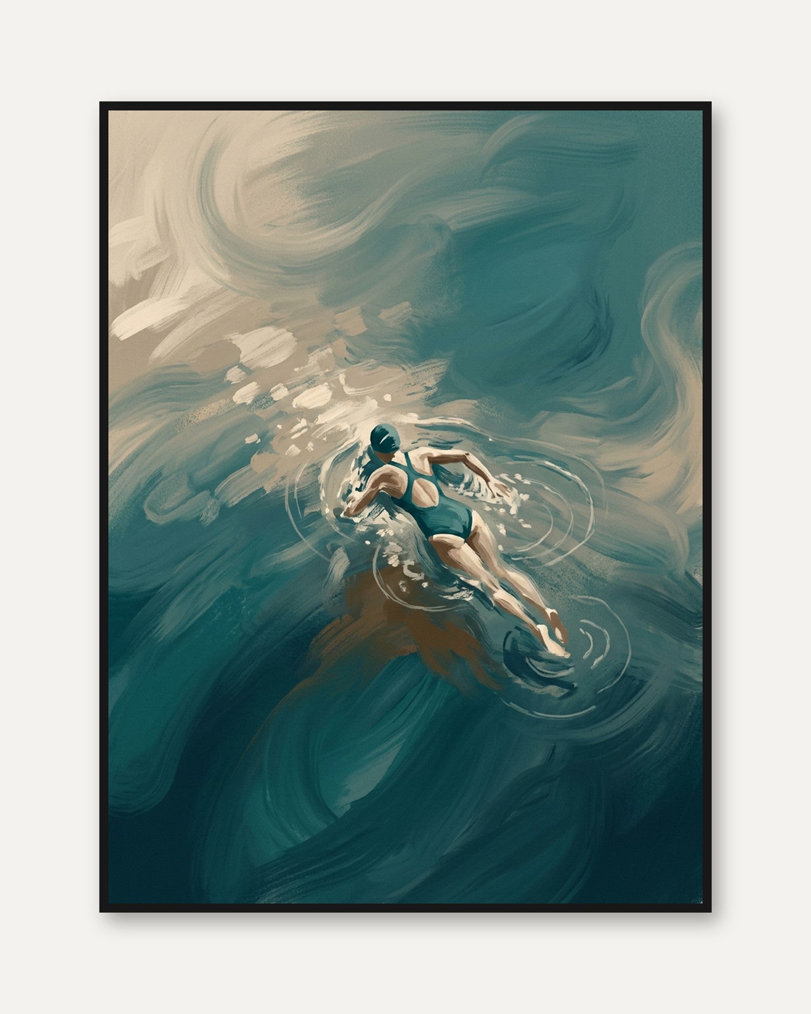 Swimmer in Teal Waters Art Print: Impressionist Aquatic Motion - framed