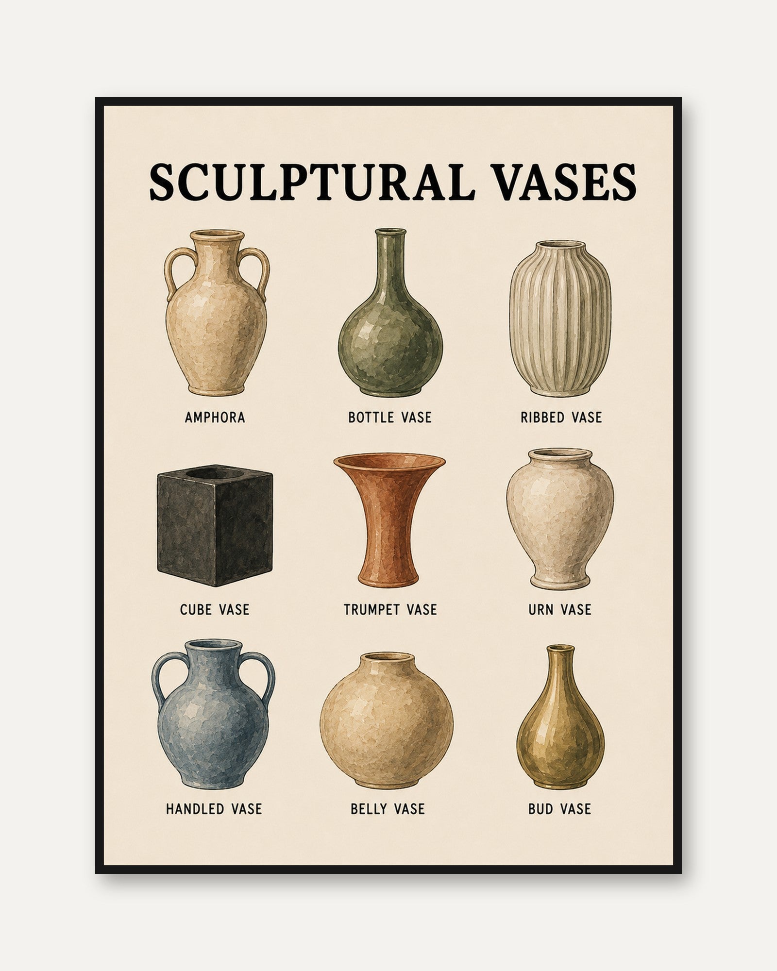 Sculptural Vase Chart Print: Pottery Types Wall Art for Kitchen - framed