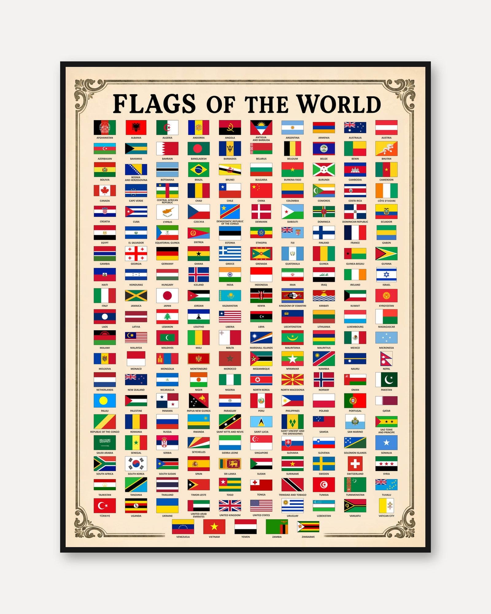 Flags of the World Poster – Educational Wall Art - framed