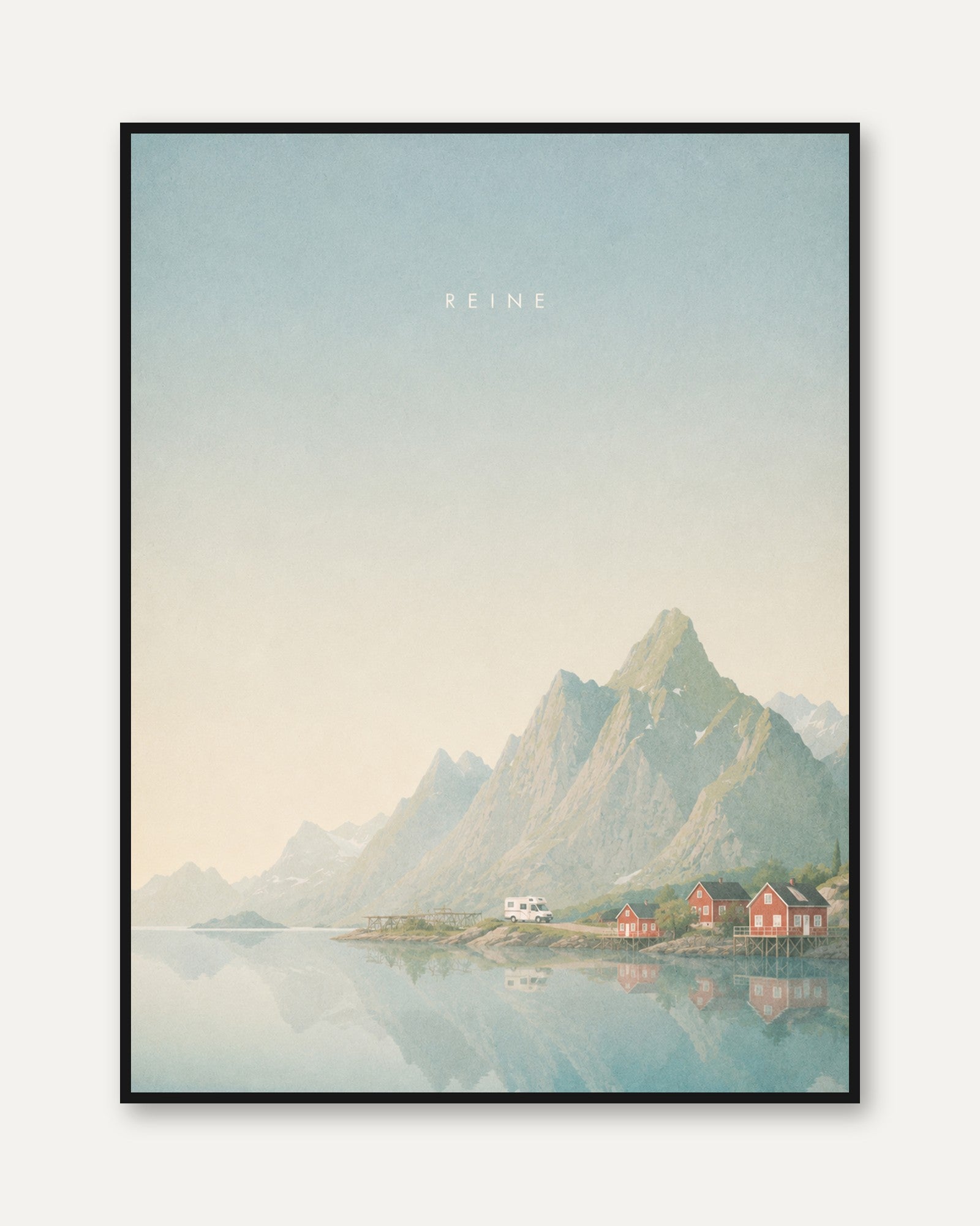 Nordic Fjord Village Print: Pastel Mountain Landscape Wall Art - framed