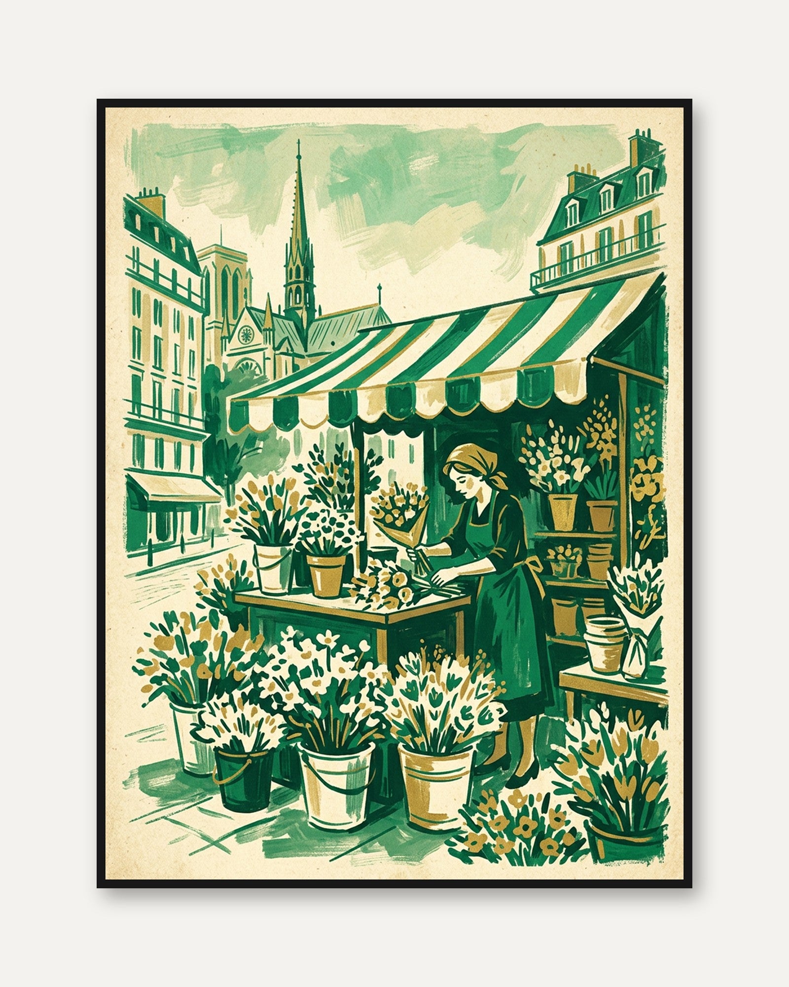 Paris Flower Shop Art Print: Vintage Green Botanical Illustration - framed