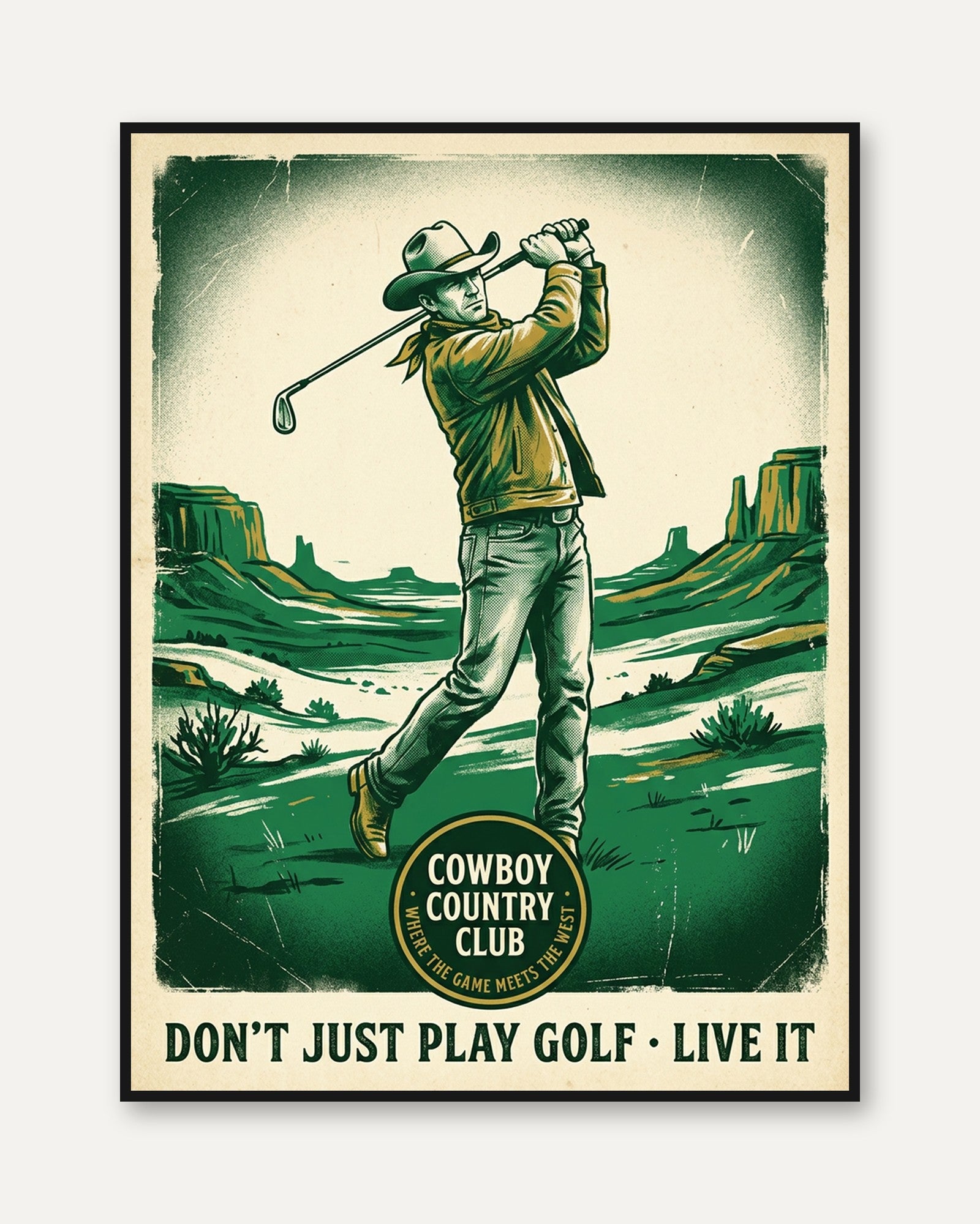 Vintage Cowboy Golfer Print: Retro Western Green Sports Poster - framed