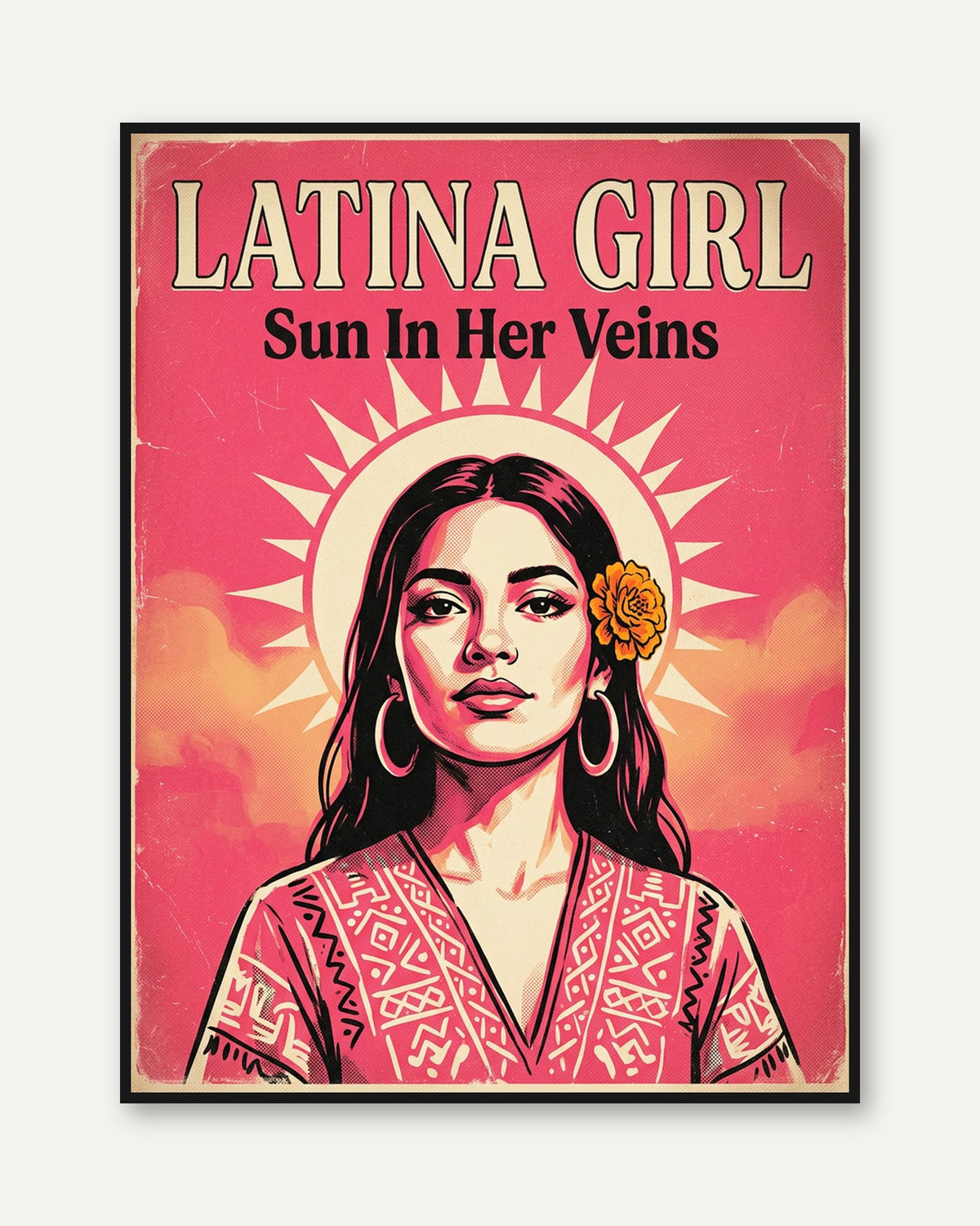 Latina Girl Retro Poster: Pink and Orange Portrait Wall Art - framed