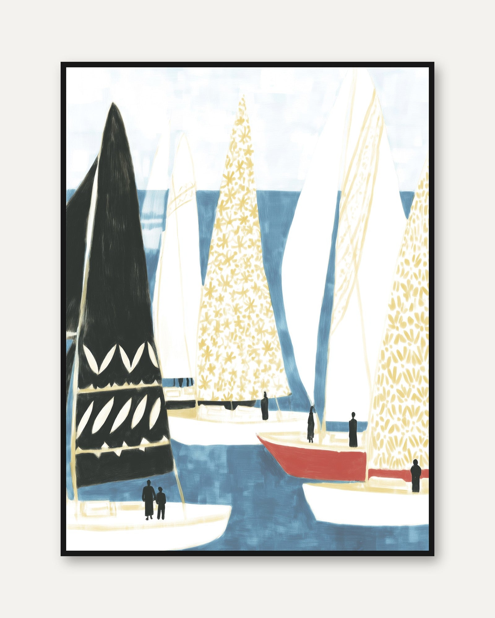 Nautical Sailboat Print: Coastal Wall Art (Mid-Century Modern Style) - framed