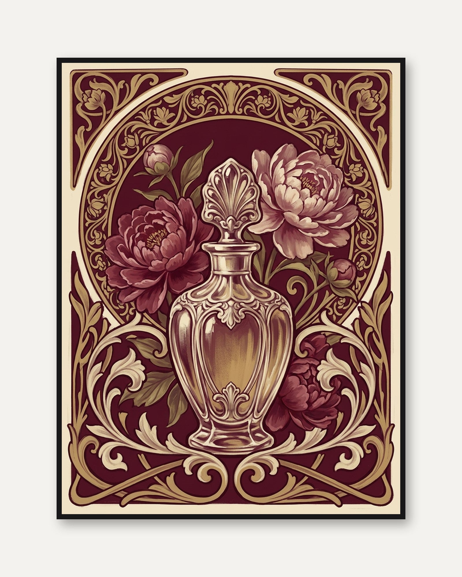 Art Nouveau Vase Print – Burgundy Gold Floral Urn - framed