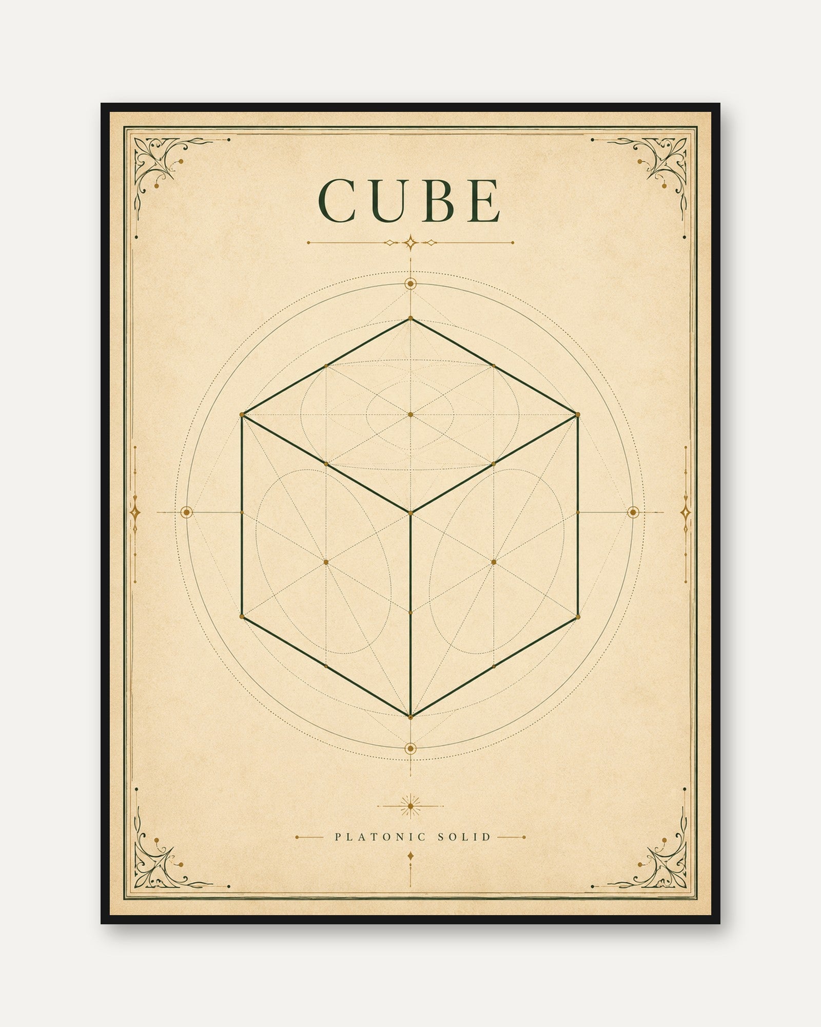 Cube Geometric Print: Vintage Sacred Geometry Art for Study - framed